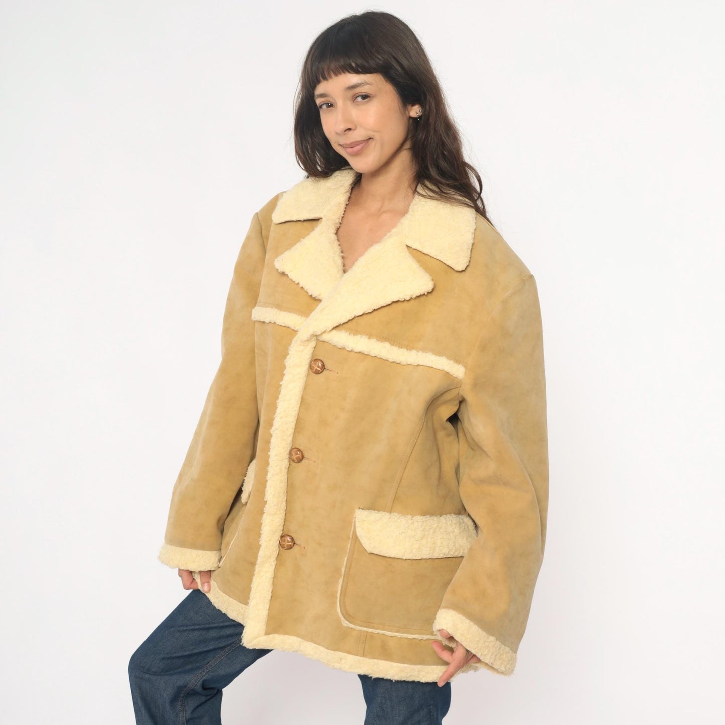 70s Wiman Tan Faux Suede Jacket Sherpa Collar Wide Notch Large