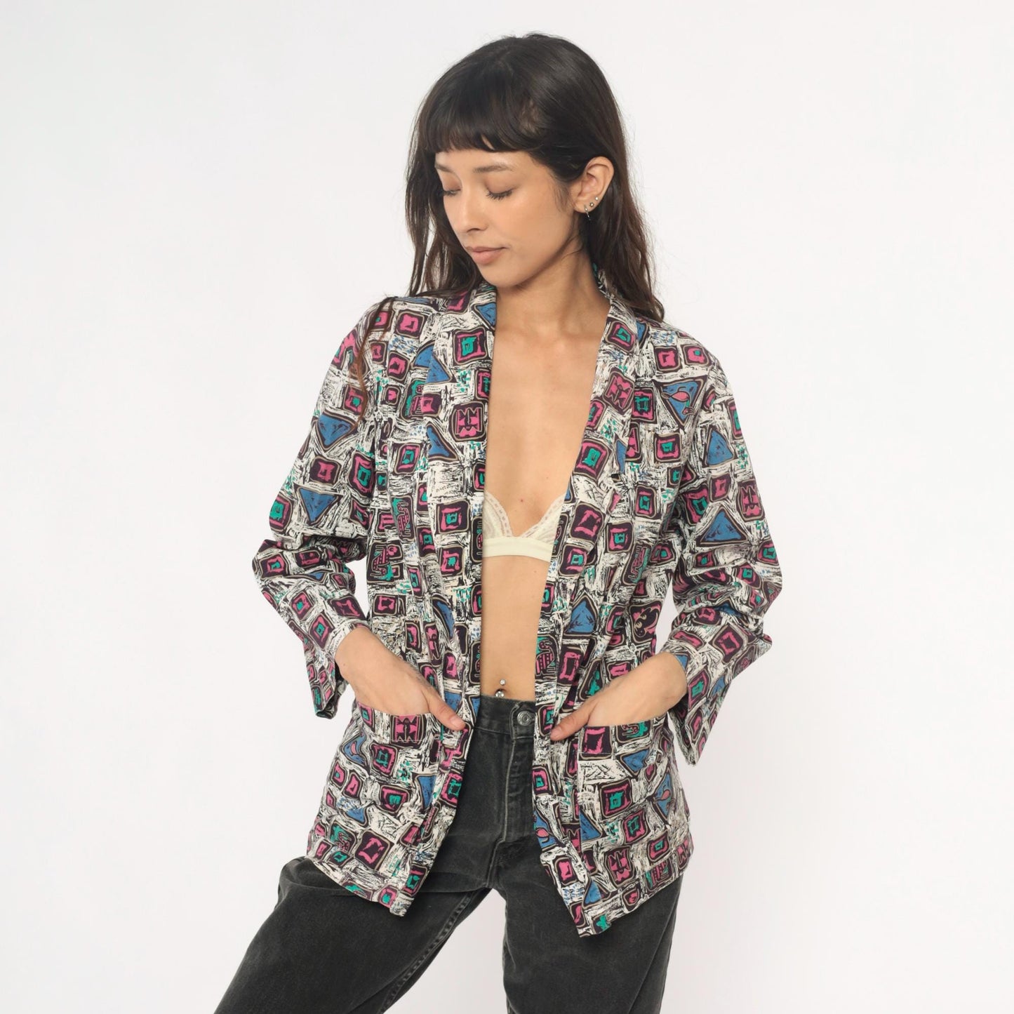 90s Mister Remo Geometric Abstract Blazer Pink Blue Cotton Small S