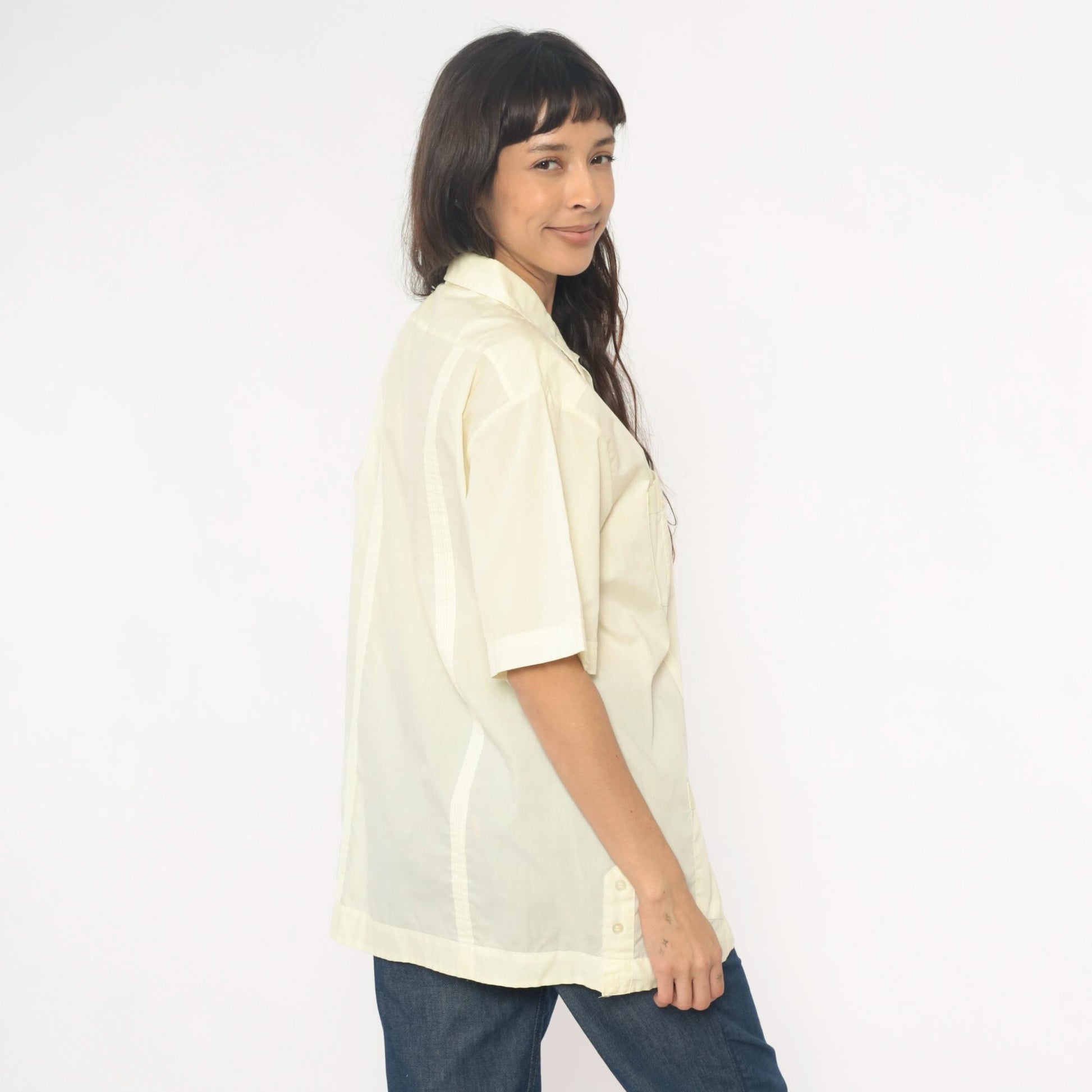 80s Pale Yellow Guayabera Shirt Pintuck Pleated Cotton Cream Collar Extra Large XL