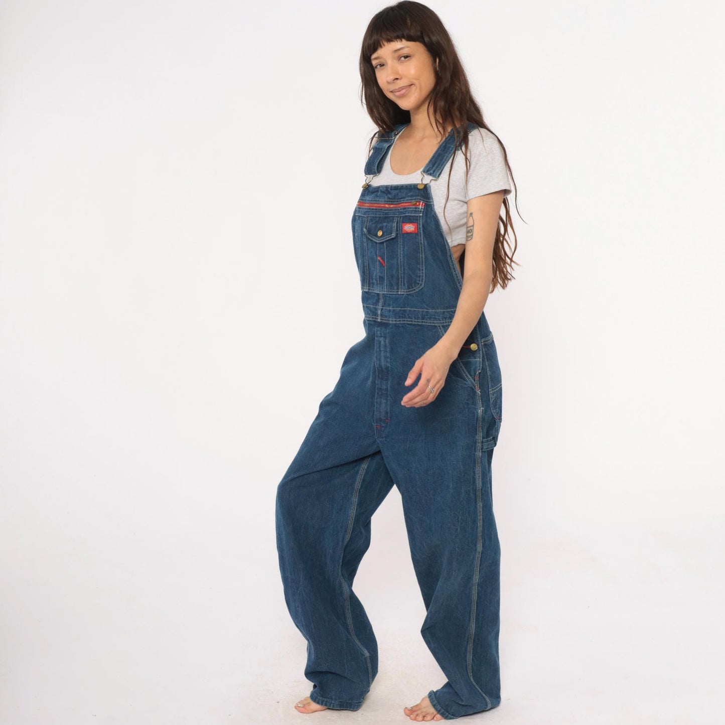 Dickies Y2K Blue Denim Overalls Bib Front Zipper Pocket Large L