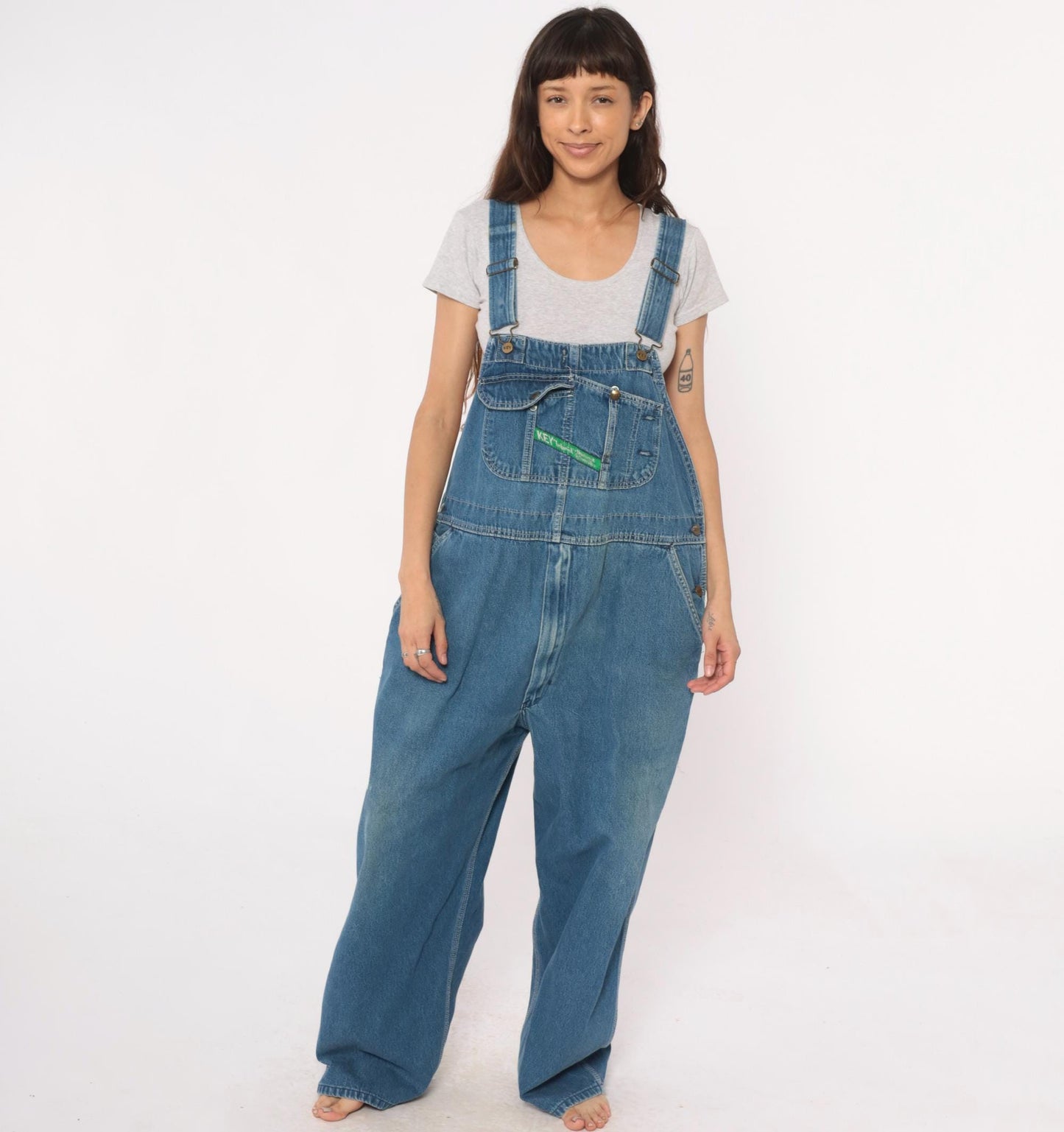 90s Key Denim Overalls Medium Blue Wide Leg Bib Dungarees Utility Pockets