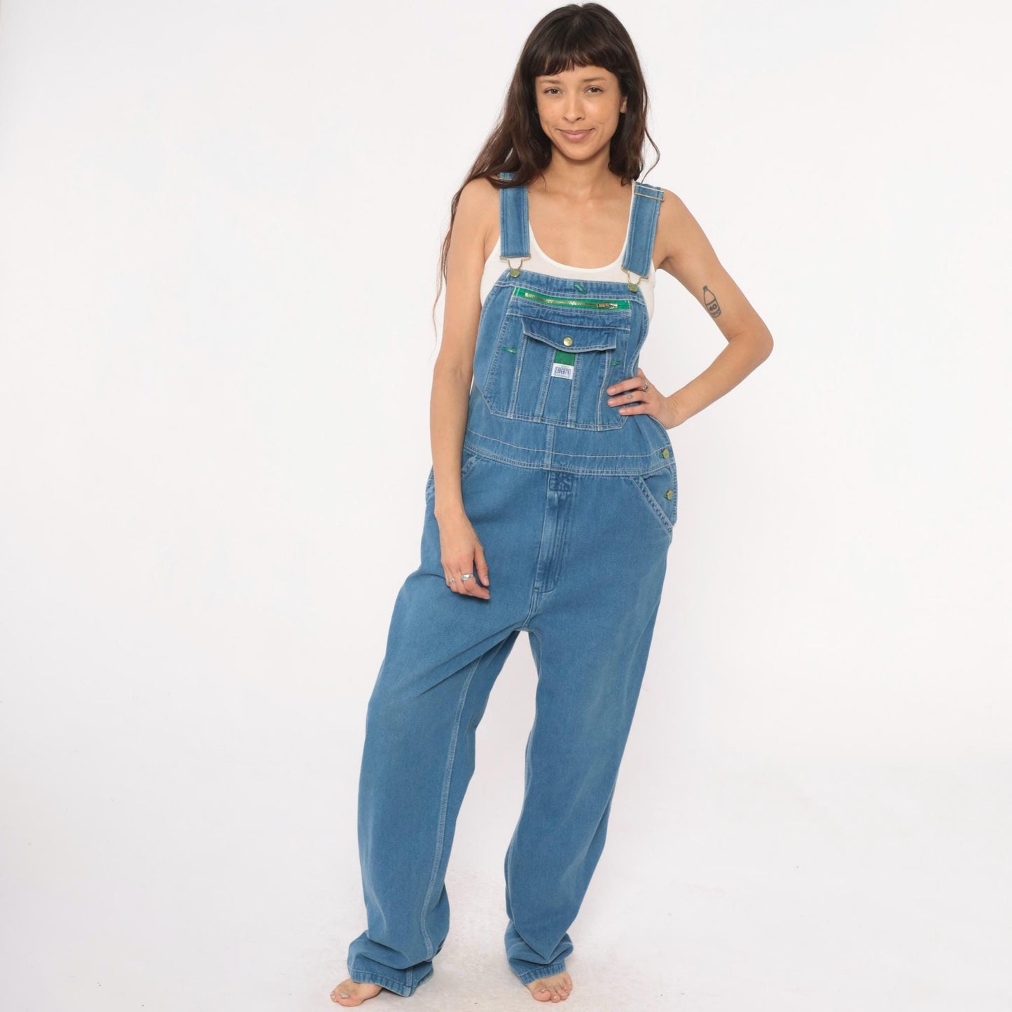 90s Liberty Denim Overalls Blue Green Stitching Unisex Medium