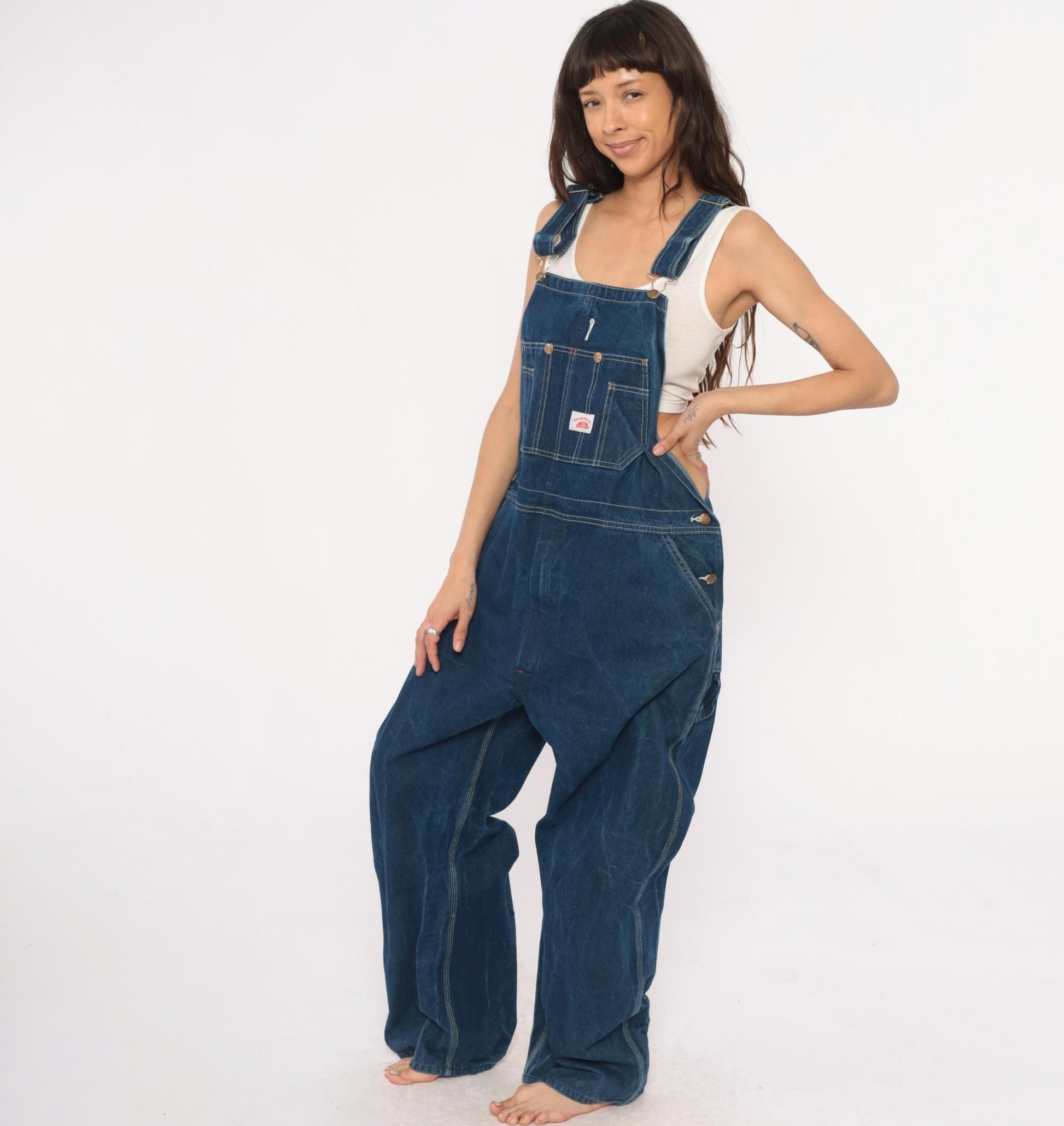 Y2K Roundhouse Dark Blue Denim Overalls Carpenter Workwear Cotton Extra Large