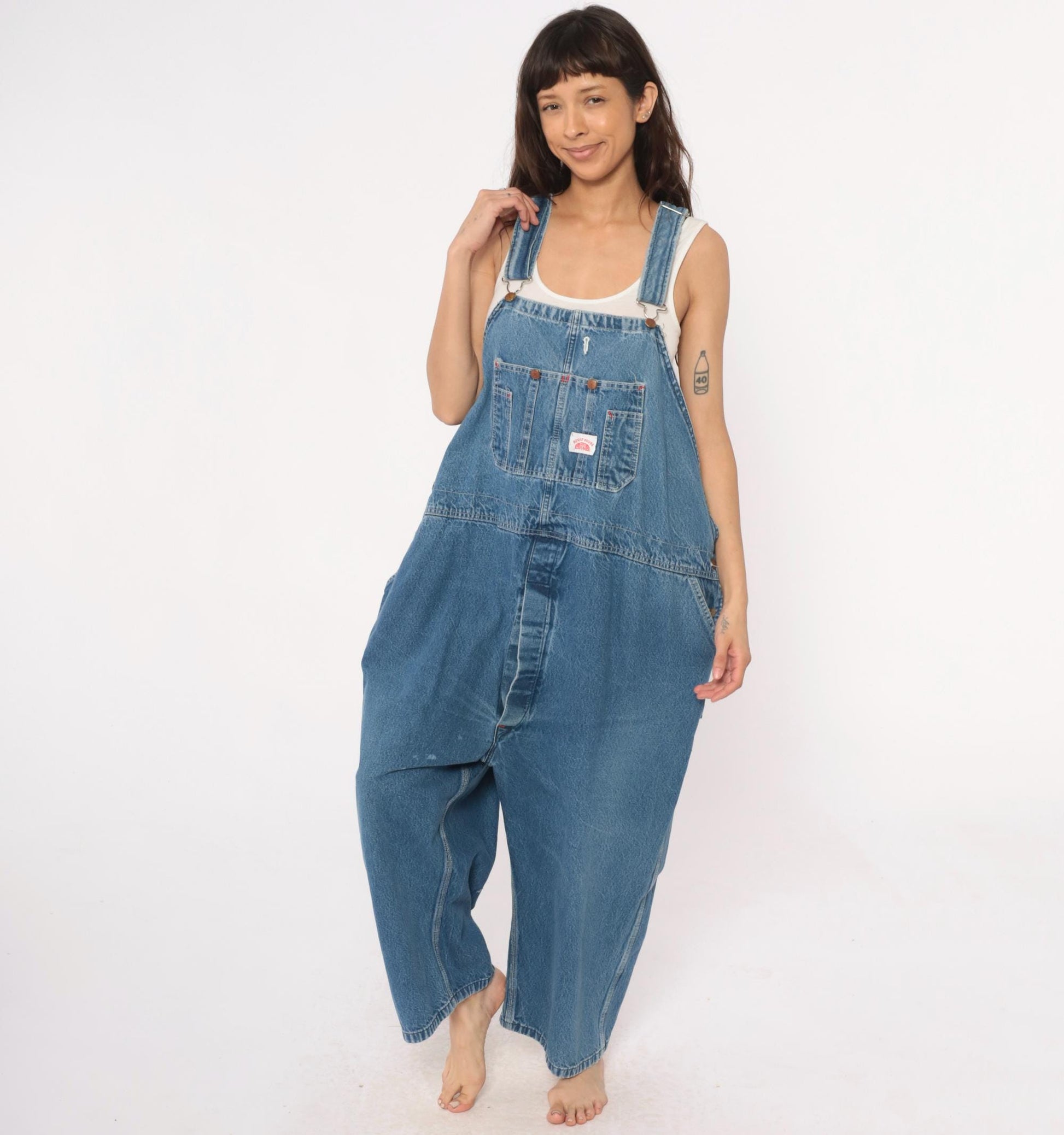 90s Roundhouse Denim Overalls Medium Wash Bib Straight Leg Medium