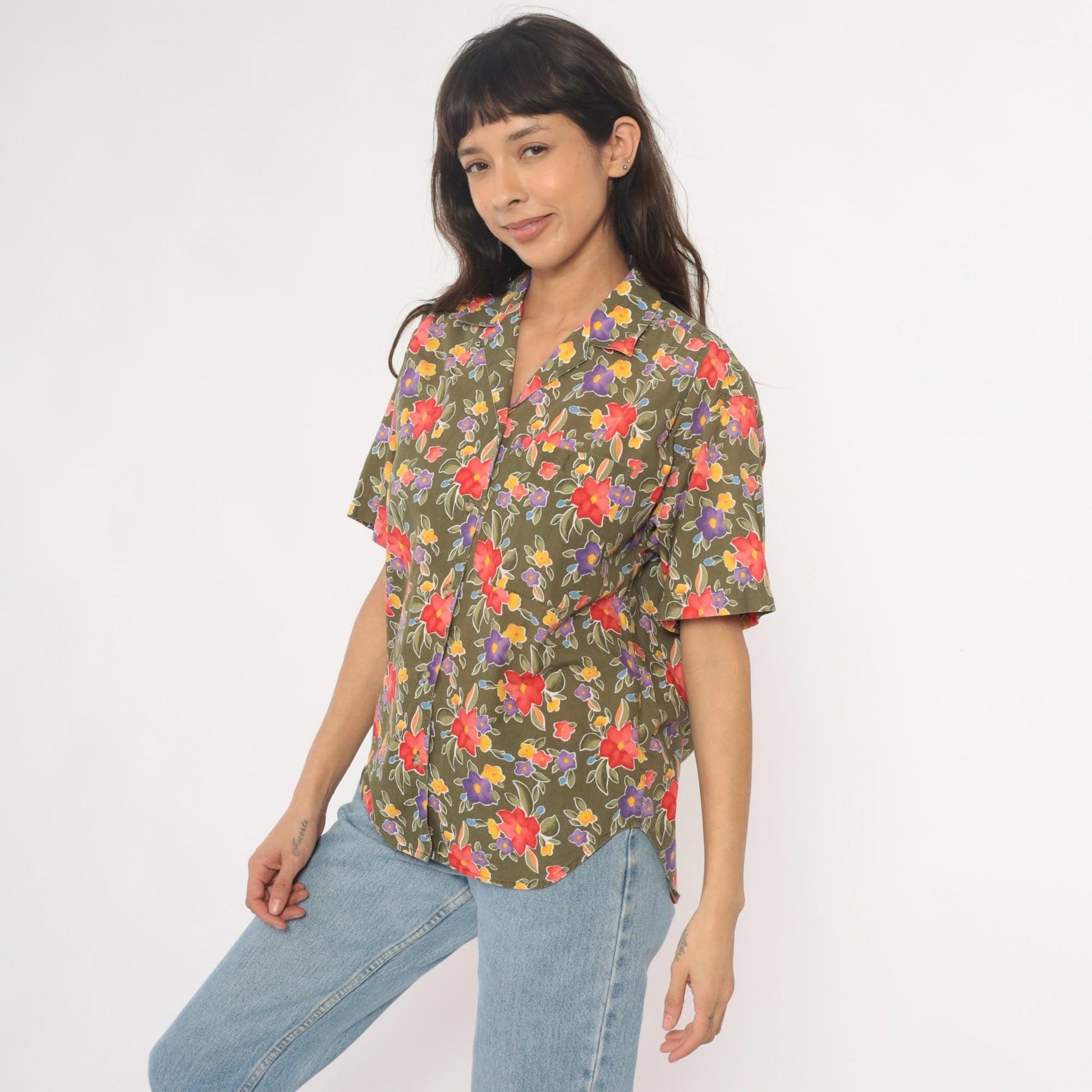 90s Liz Sport Floral Camp Collar Shirt Olive Green Cotton Small S