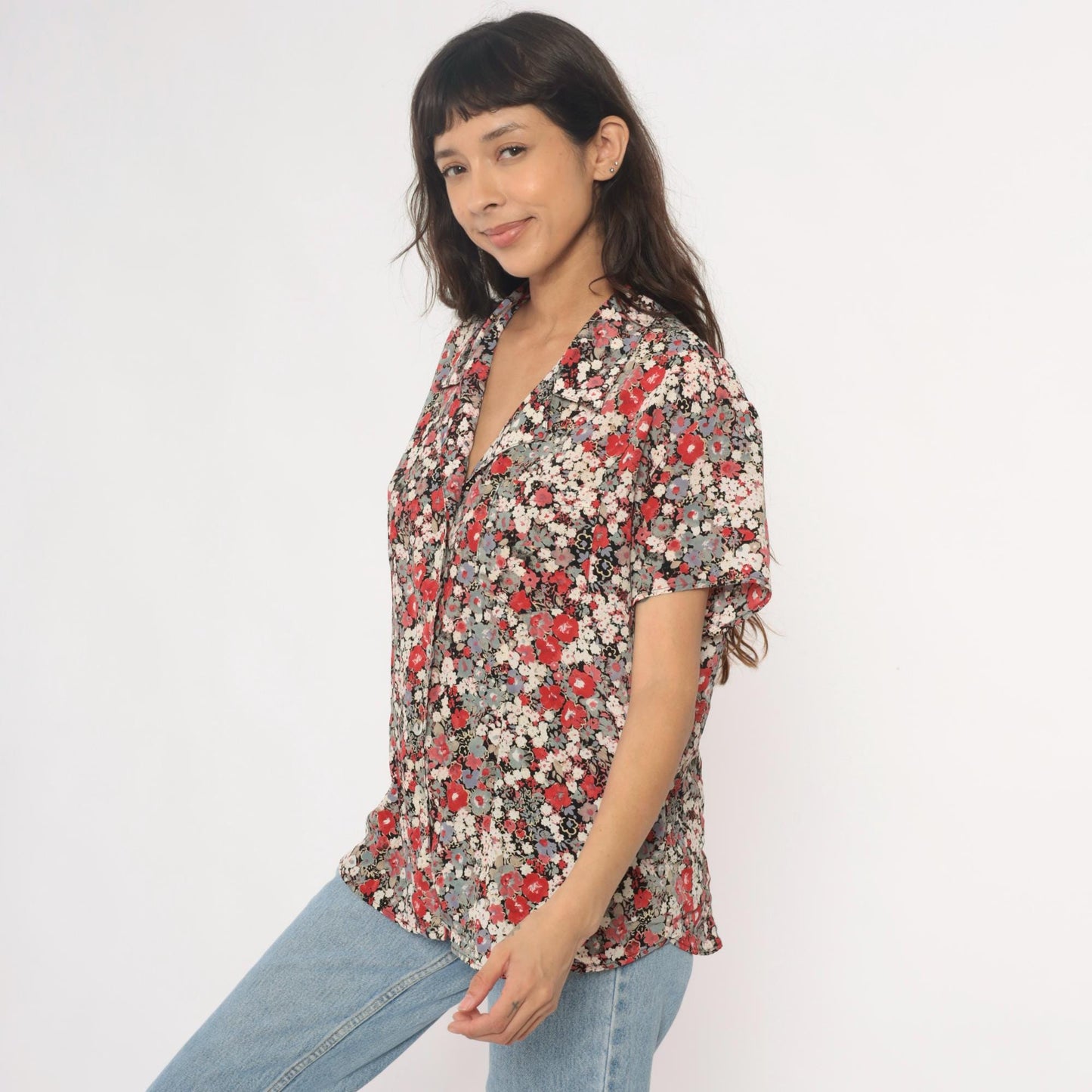 90s Zenobia Floral Button-Up Blouse Short Sleeve Black Cream Plus Size XXL