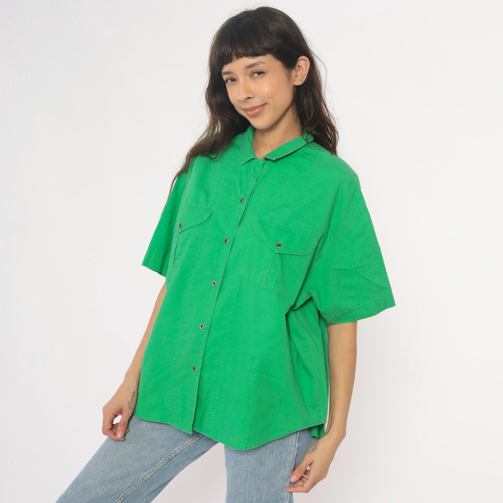 90s Chaus Sport Kelly Green Cotton Button-Up Shirt Large L