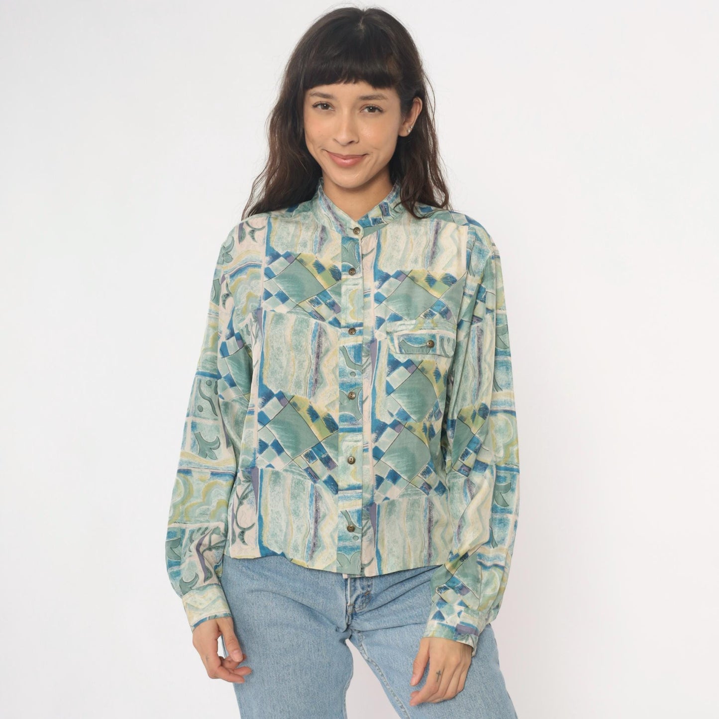 90s Silk Blouse Abstract Geometric Print Blue Green Cream Button Front Medium M