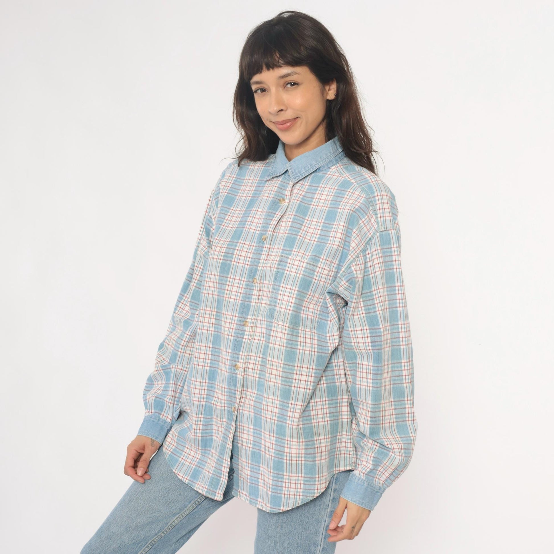 90s Paris Sport Club Plaid Button Down Shirt Denim Collar Cotton Large L