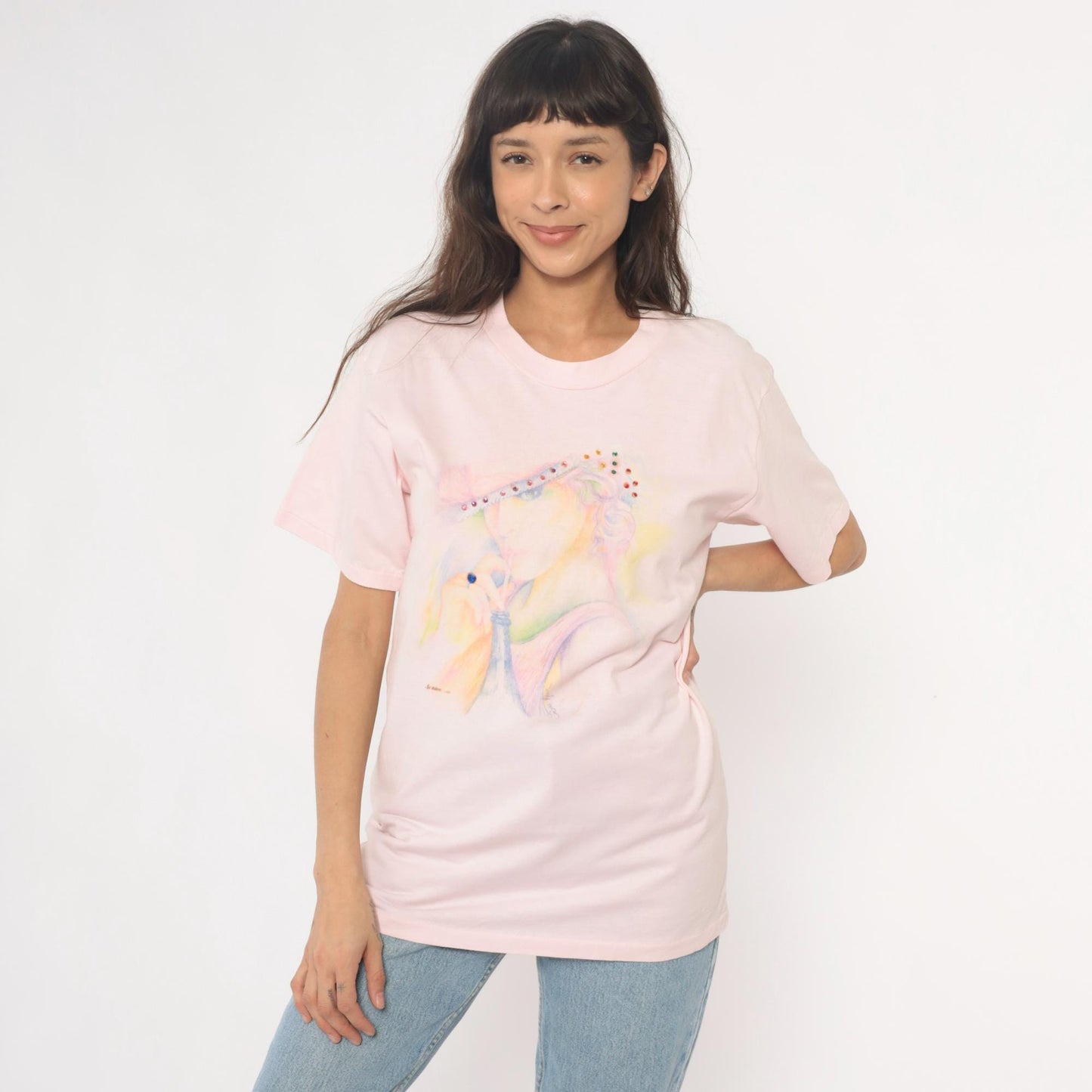 90s Oneita Pink Rhinestone Hat Lady Graphic Tee Large L