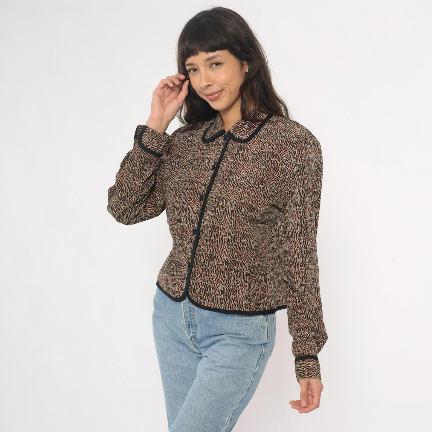 Y2K Nancy Crystal Cropped Jacket Brown Animal Print Peter Pan Collar Large L