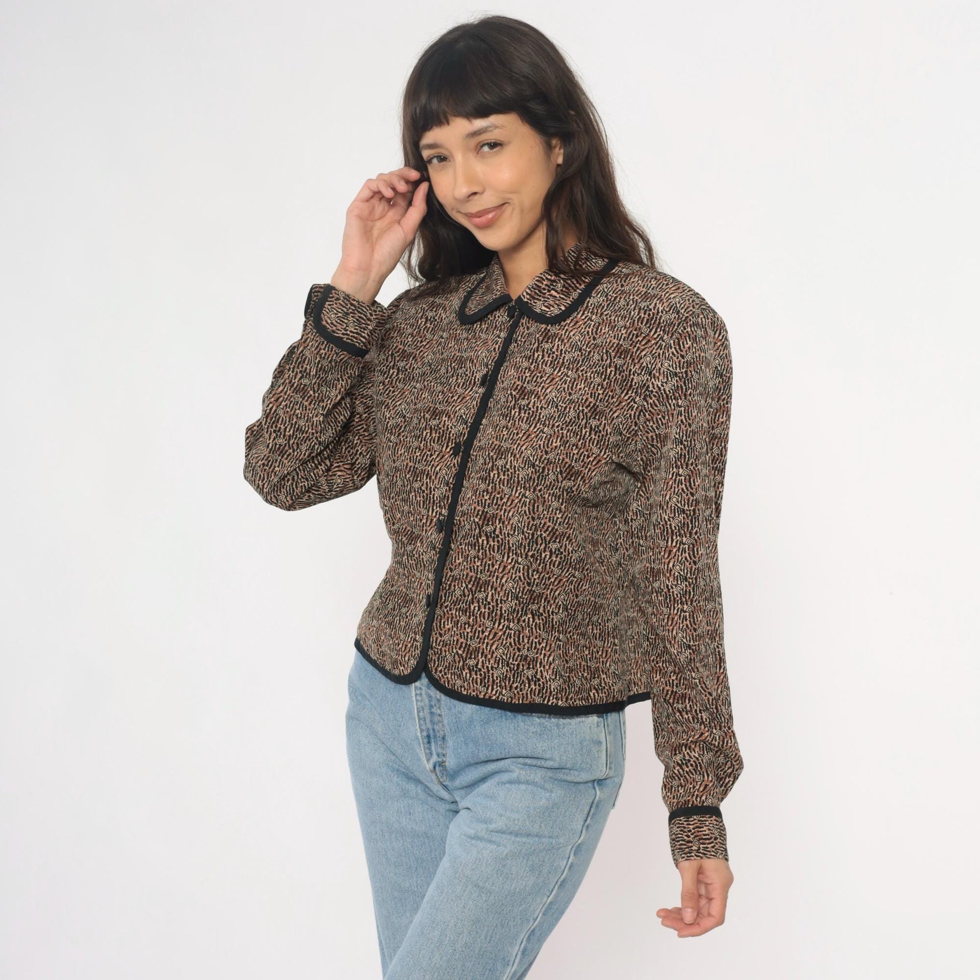 Y2K Nancy Crystal Cropped Jacket Brown Animal Print Peter Pan Collar Large L
