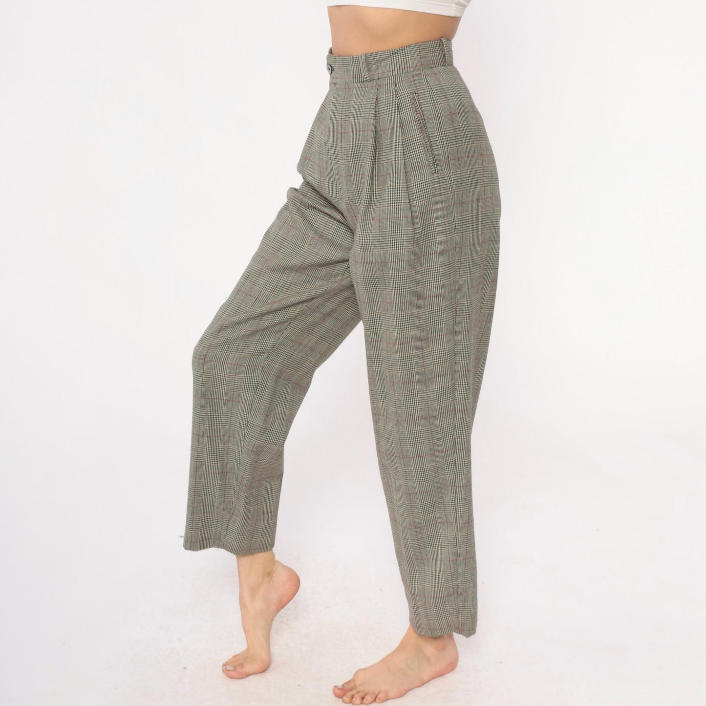 80s Barry Bricken Wool Plaid High-Waisted Trousers Grey Small S