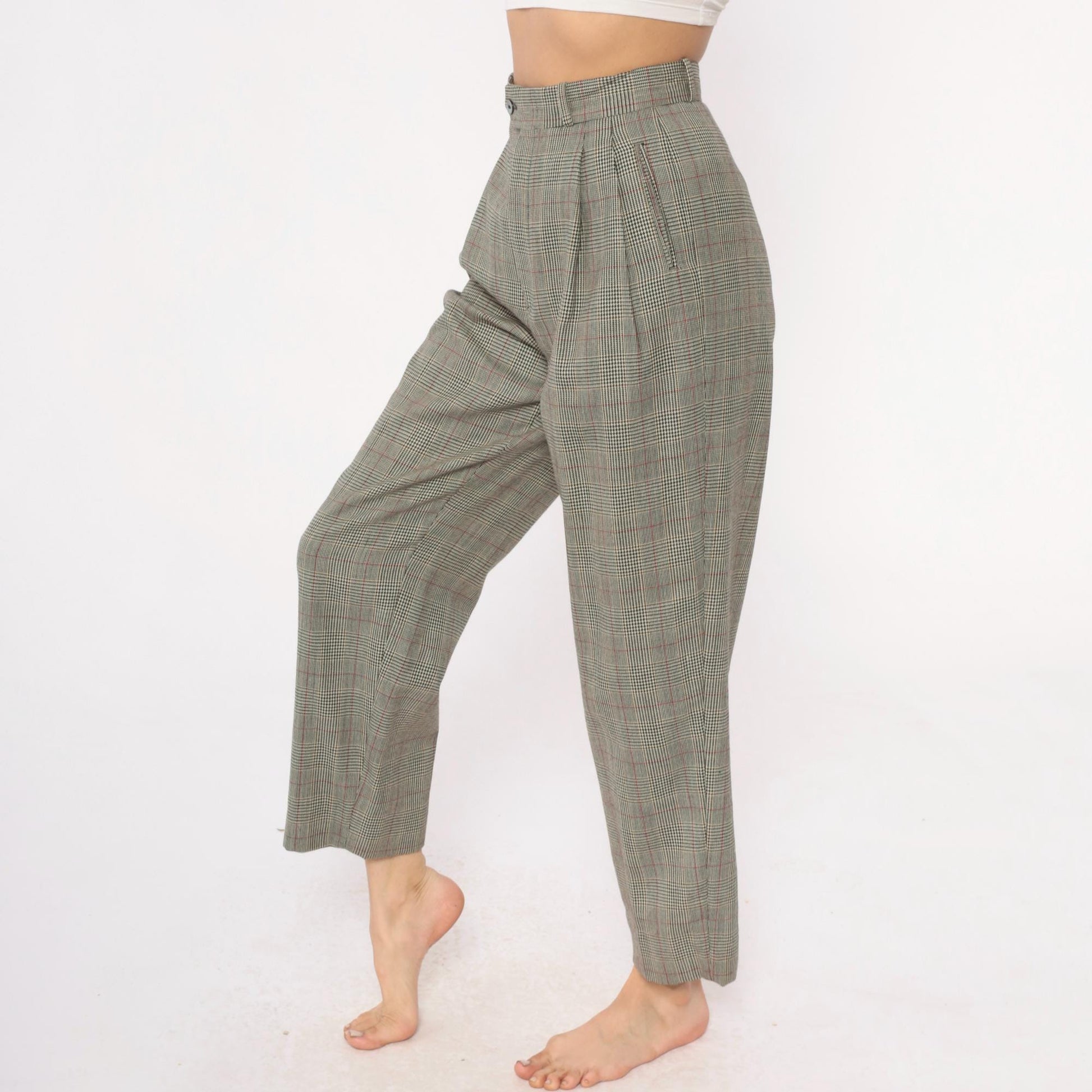 80s Barry Bricken Wool Plaid High-Waisted Trousers Grey Small S