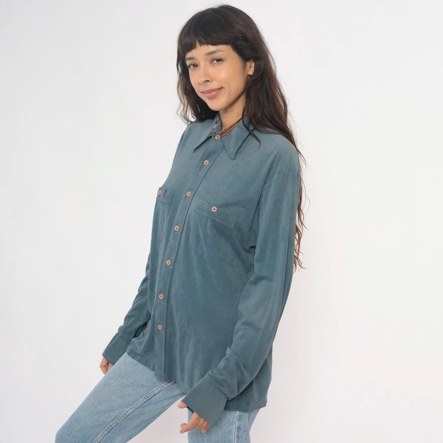 70s Macys California Blue-Teal Safari Shirt Pointed Collar Chest Pockets Large