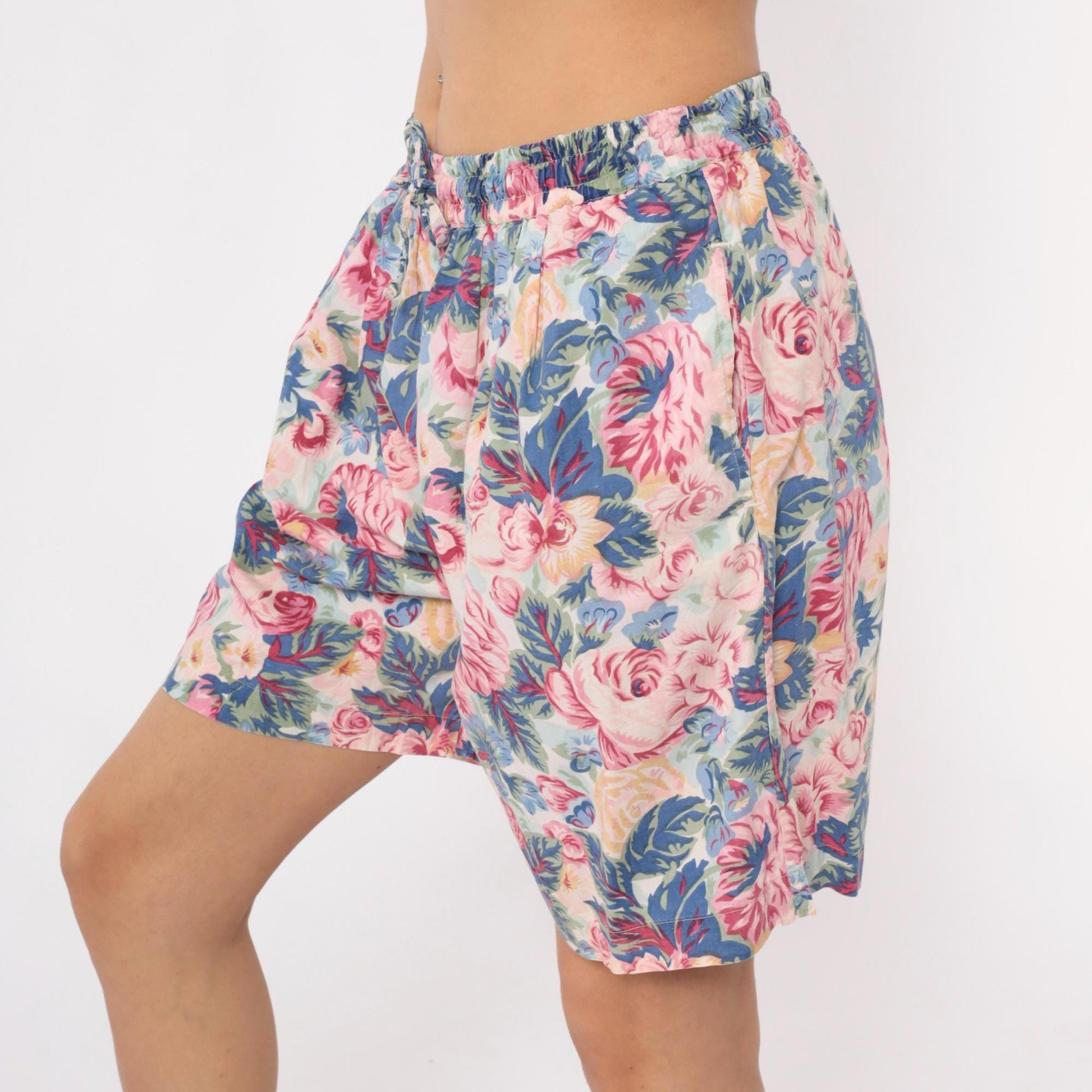90s Kikimi Sketches Floral Shorts High Waist Wide Leg Cream Cotton Medium M