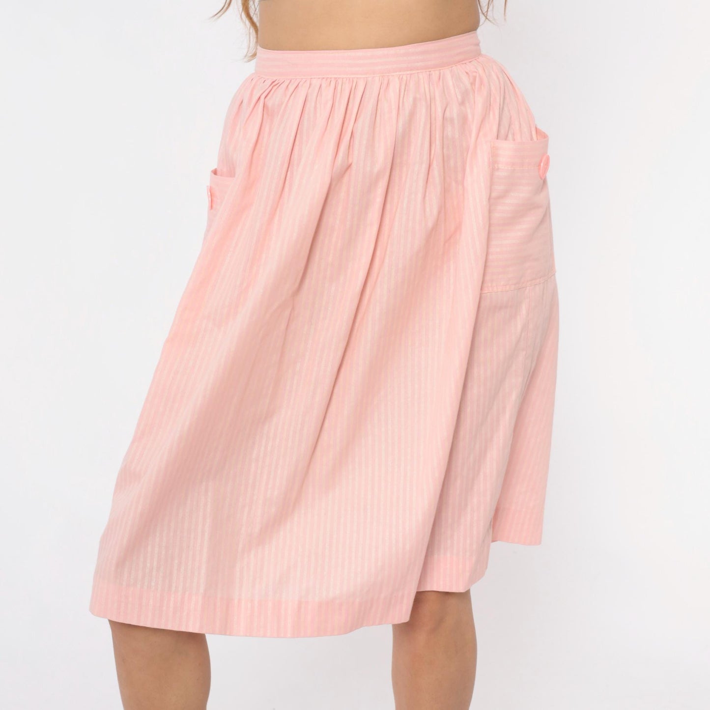 60s Pink Striped Cotton Skirt High Waist Pleated Knee Length Extra Small XS