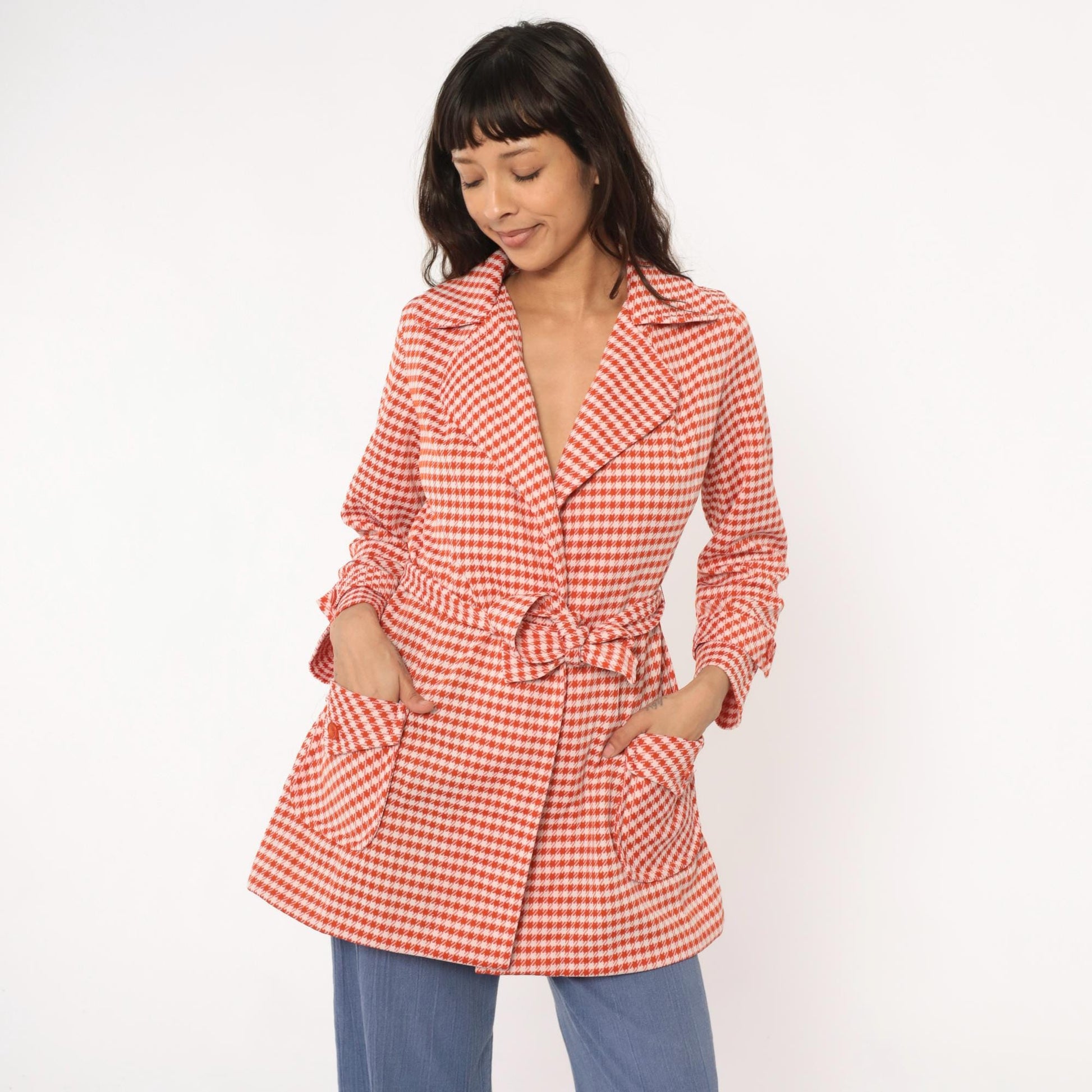 70s Houndstooth Wrap Jacket Red White Checkered Collared Blazer Medium