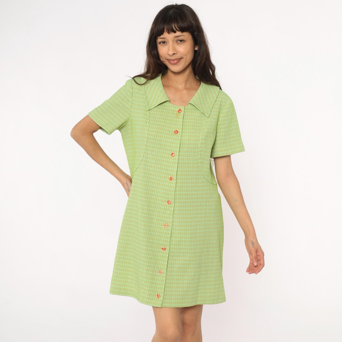 70s Green Yellow Checkered Mini Shift Dress Pointed Collar Short Sleeve Large L