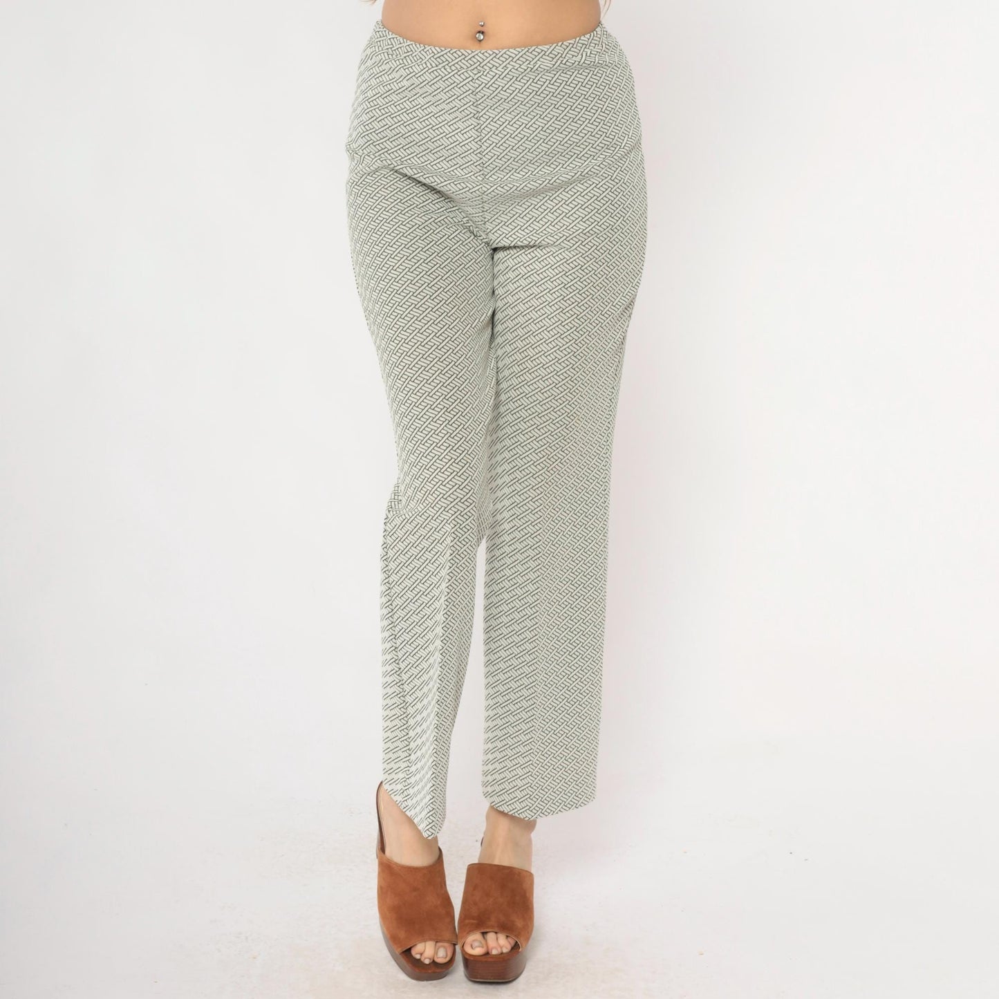 70s Geometric Basketweave Straight Leg Pants Cream Black High Waist Small