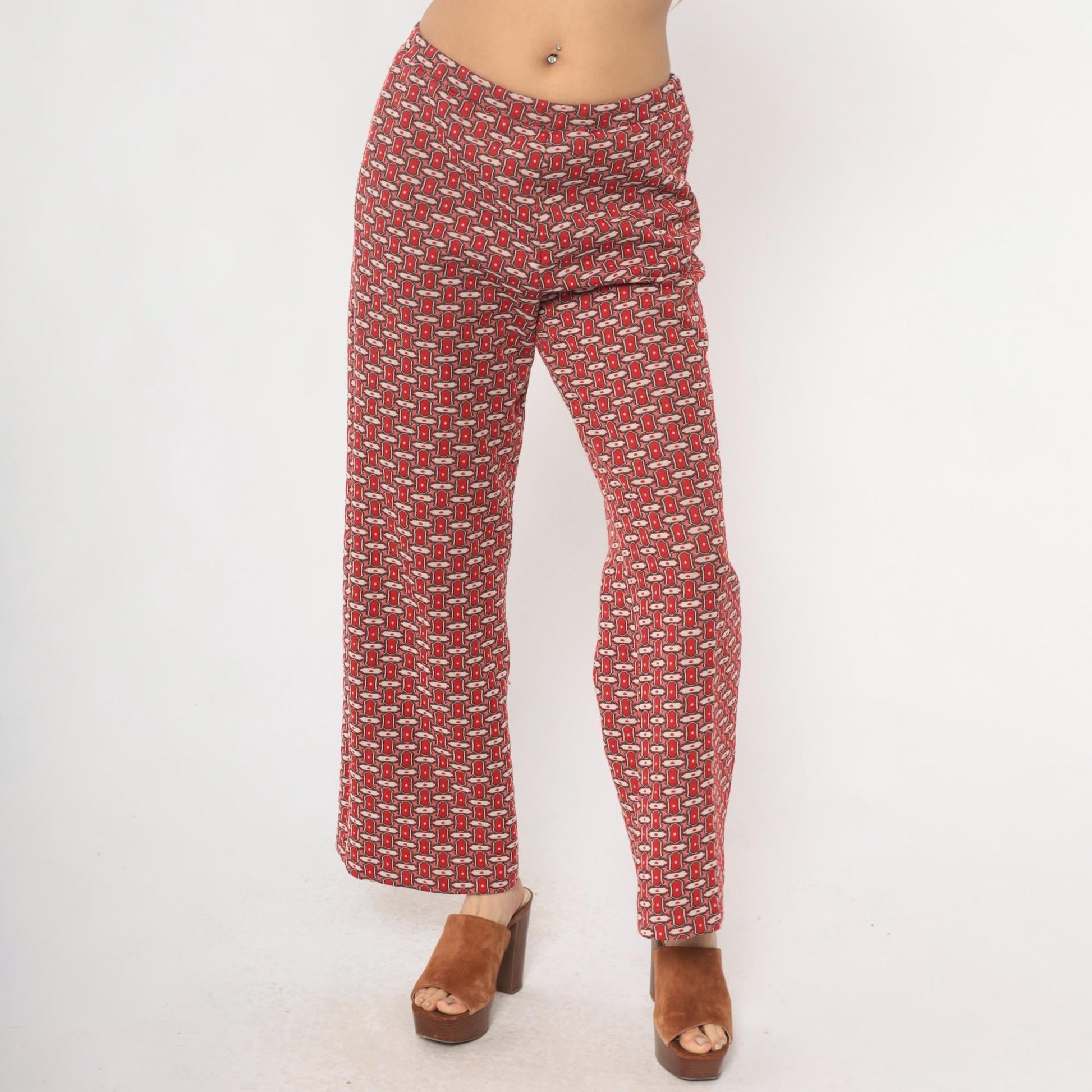70s Red Lion Geometric Chain Print Straight Leg Trousers Burgundy Medium M