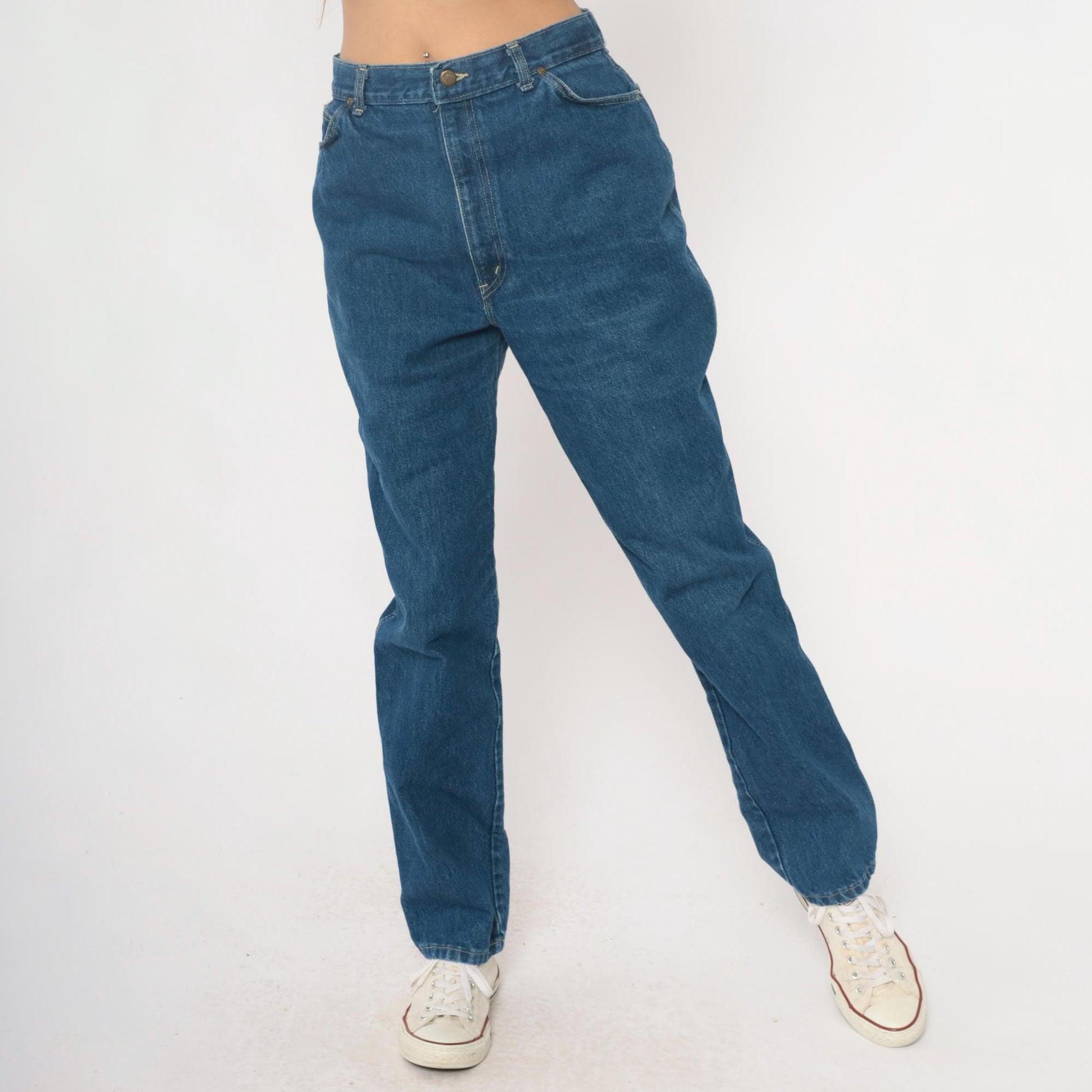 80s High Waisted Straight Leg Jeans Medium Wash Denim Chic Logo Extra Large XL