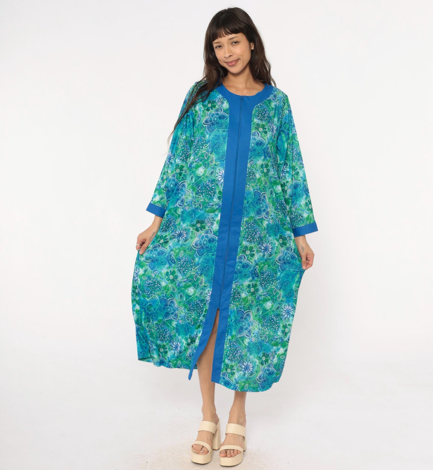 90s Botanical Print Maxi Robe Blue Green Zip Front Long Sleeve Medium M