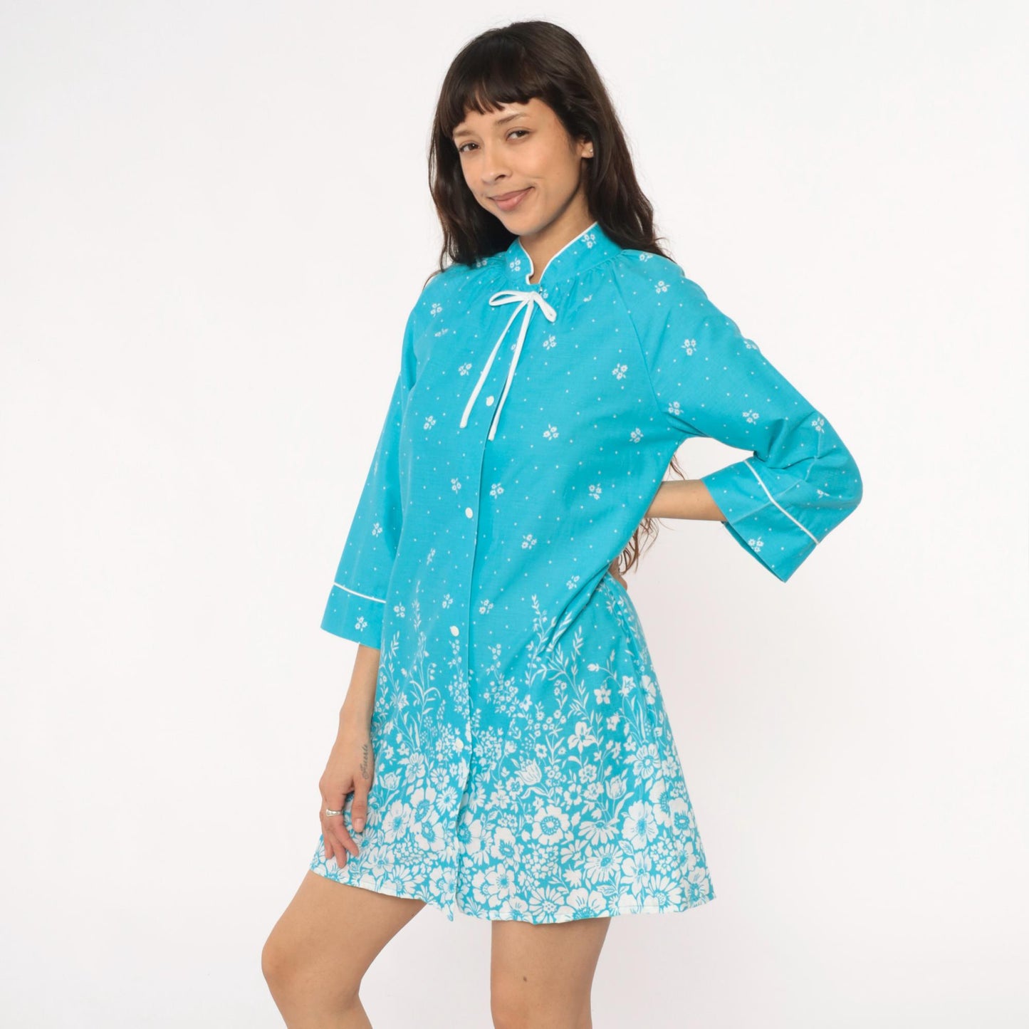 80s Dan Ellen Turquoise Floral Shift Dress Mandarin Collar Small