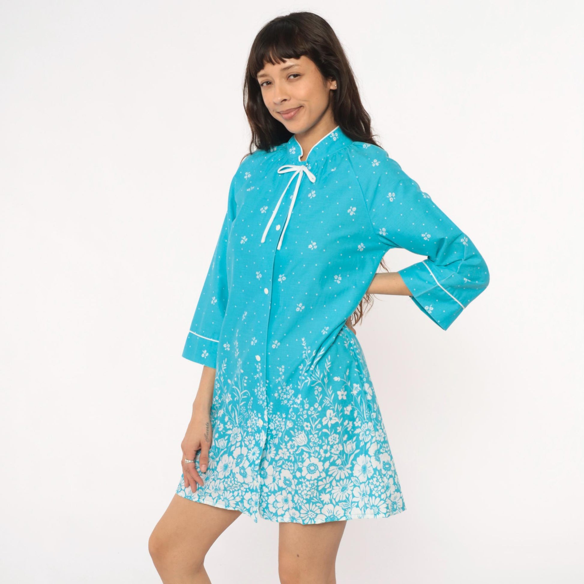 80s Dan Ellen Turquoise Floral Shift Dress Mandarin Collar Small