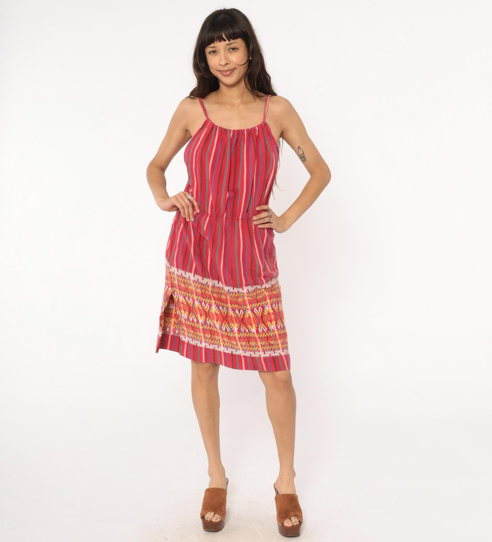 90s Red Striped Cotton Sundress Tribal Ikat Border Tie Strap Large