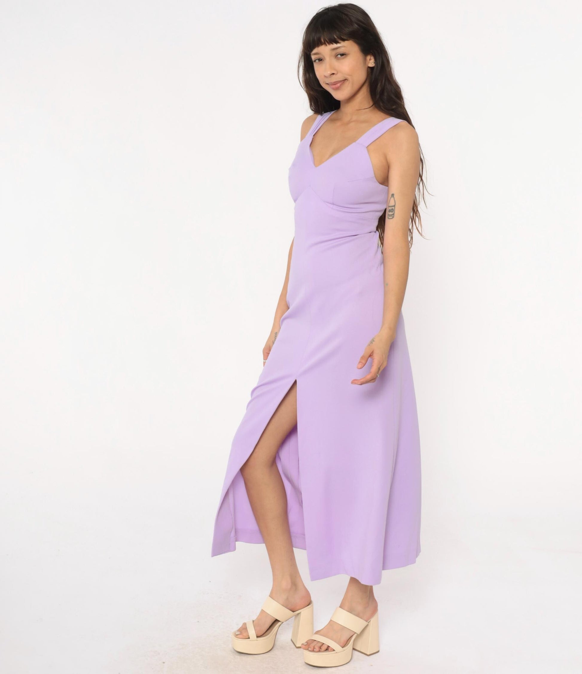 70s Lavender Maxi Dress Empire Waist Front Slit V-Neck Extra Small XS