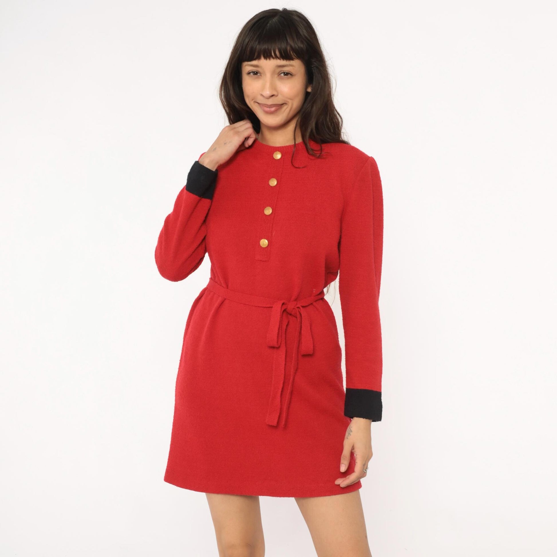 80s Castleberry Red Sweater Dress Gold Buttons Black Cuffs Tie Belt Medium