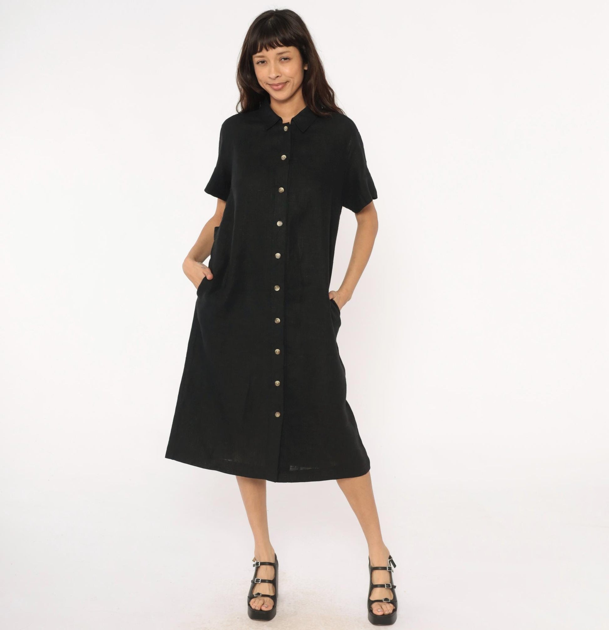 90s Harve Benard Black Linen Midi Shirt Dress Button Front Collar Large L