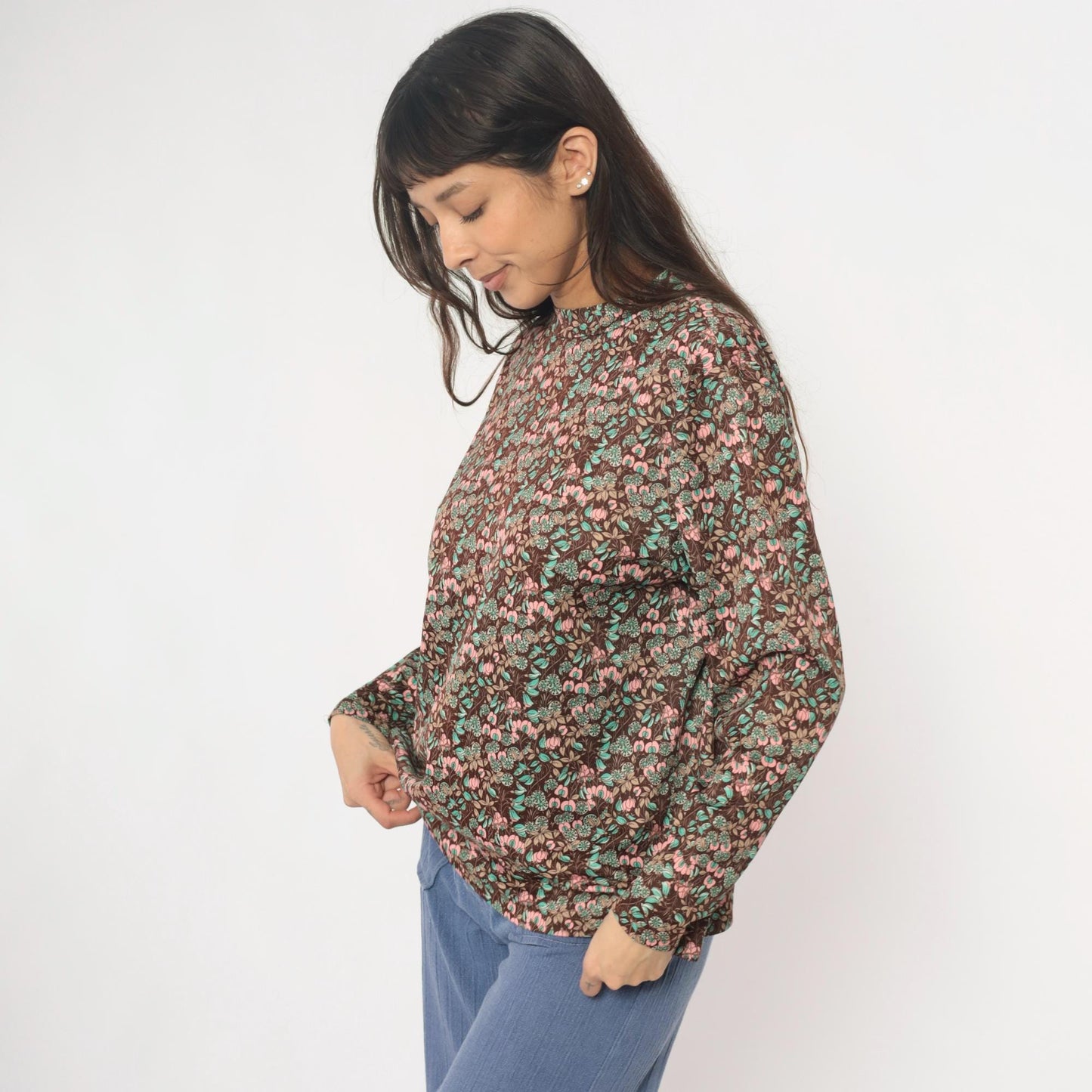 70s Floral Pullover Blouse Brown Pink Mint Crew Neck Long Sleeve Medium