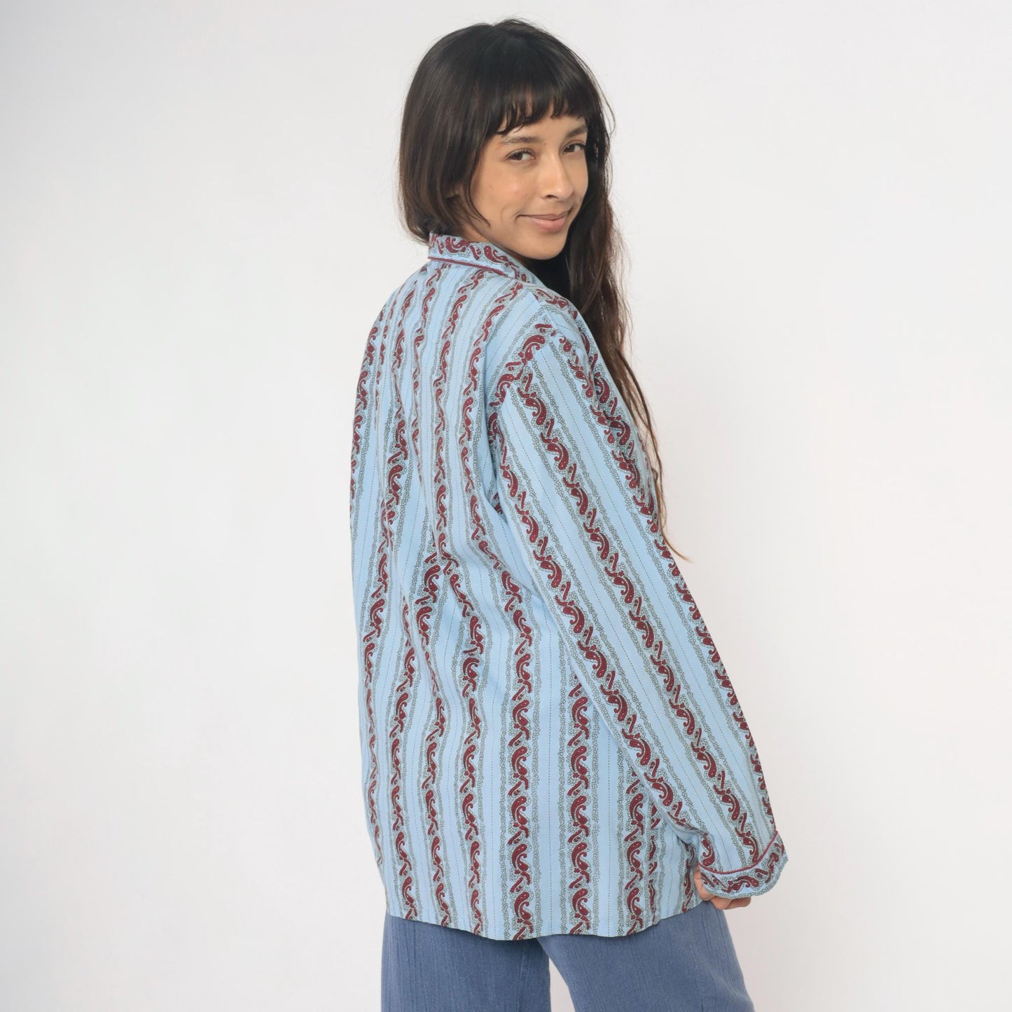 90s Paisley Stripe Pajama Shirt Light Blue Burgundy Cotton Notched Collar Large