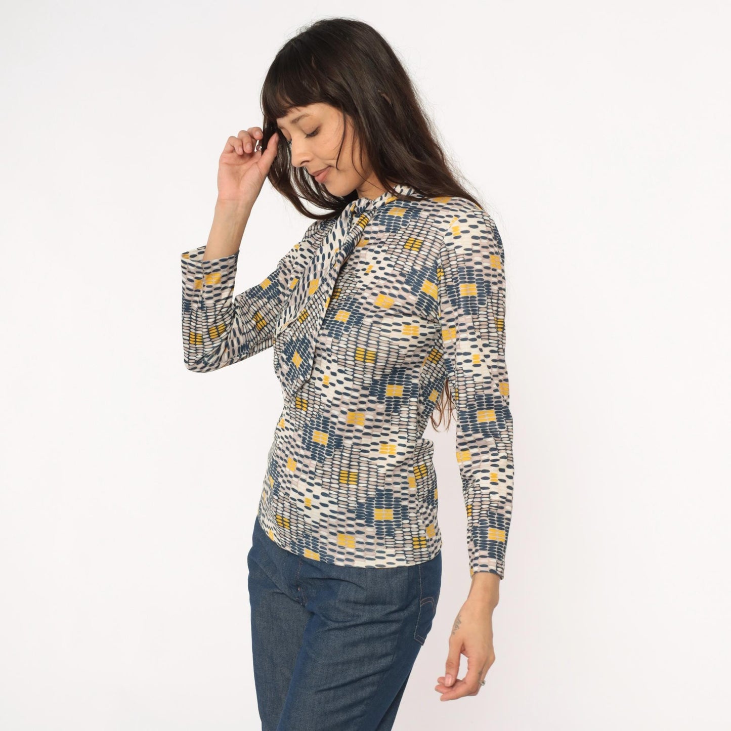 70s Sears Geometric Print Pussy Bow Blouse Navy Mustard Cream Small