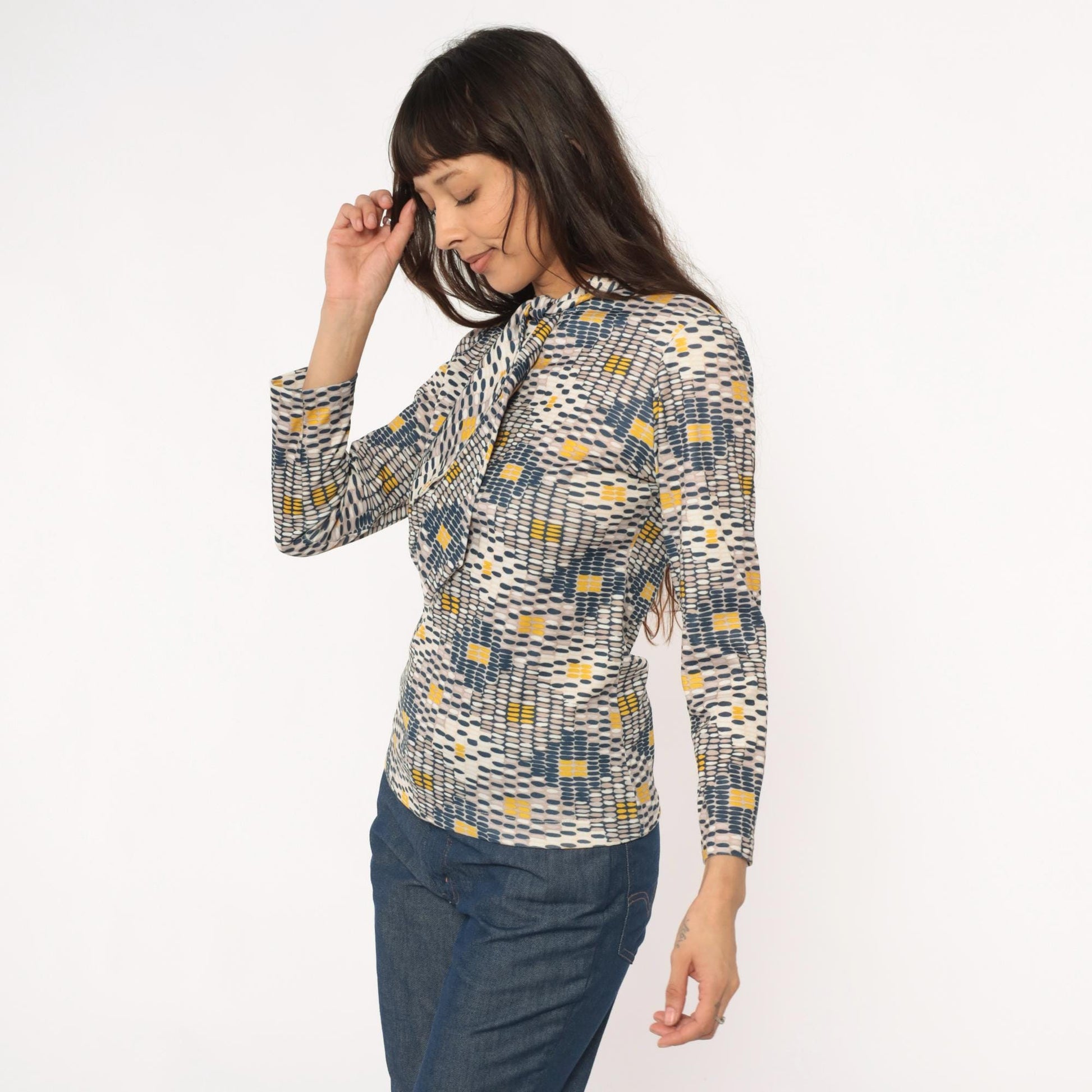 70s Sears Geometric Print Pussy Bow Blouse Navy Mustard Cream Small