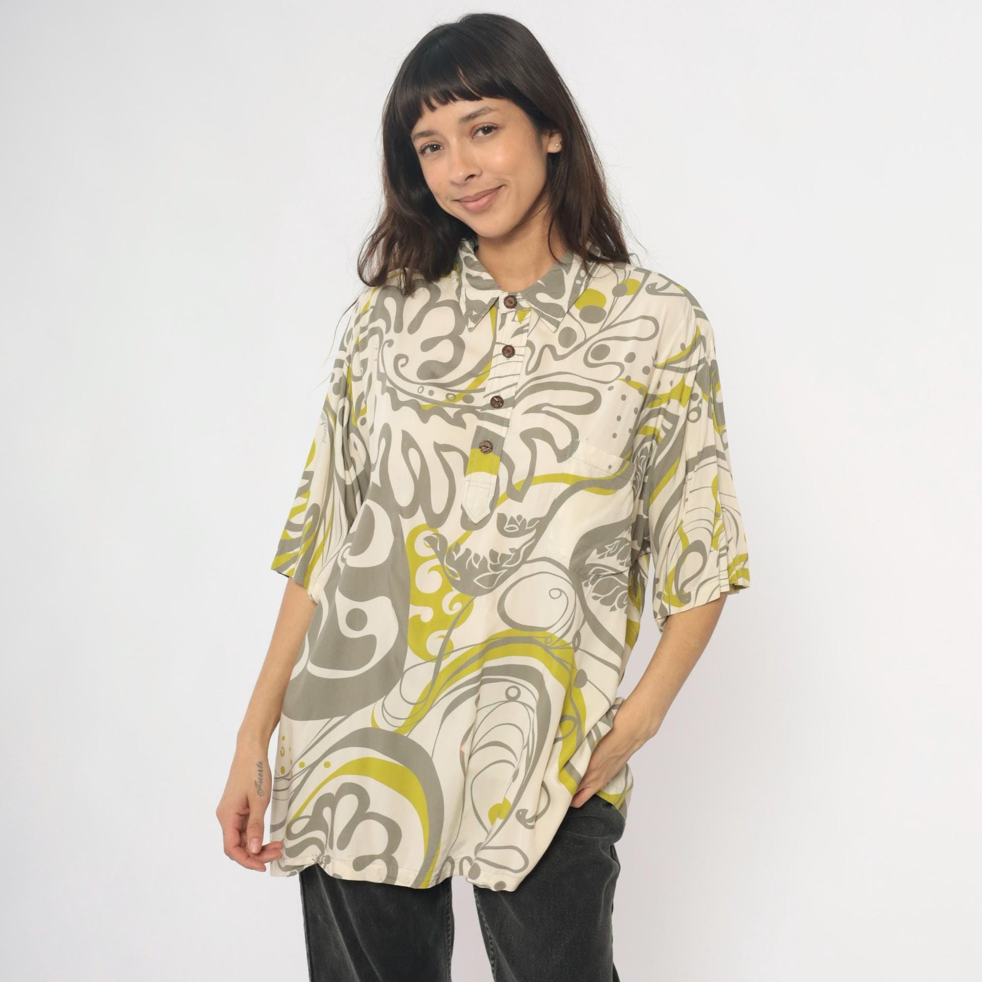 Y2K Manuhealii Psychedelic Swirl Shirt Cream Grey Chartreuse Extra Large XL