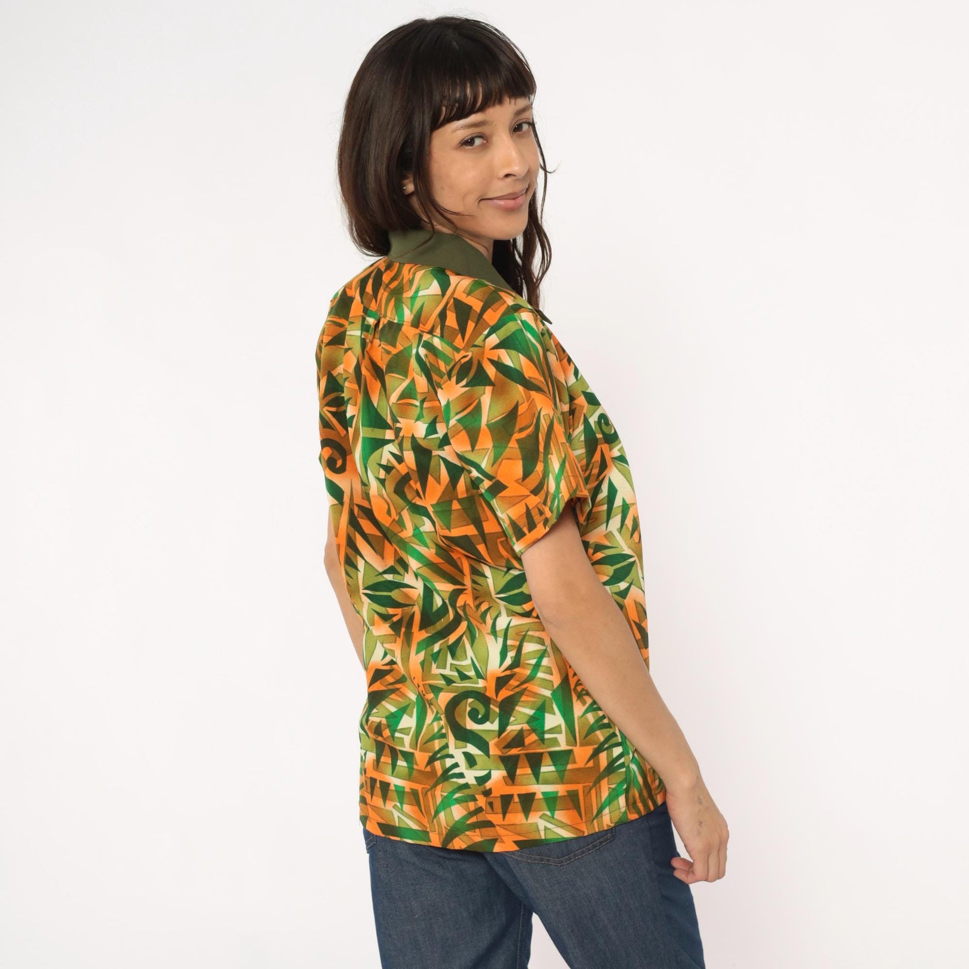 70s Psychedelic Geometric Print Shirt Orange Green Pointed Collar Medium M