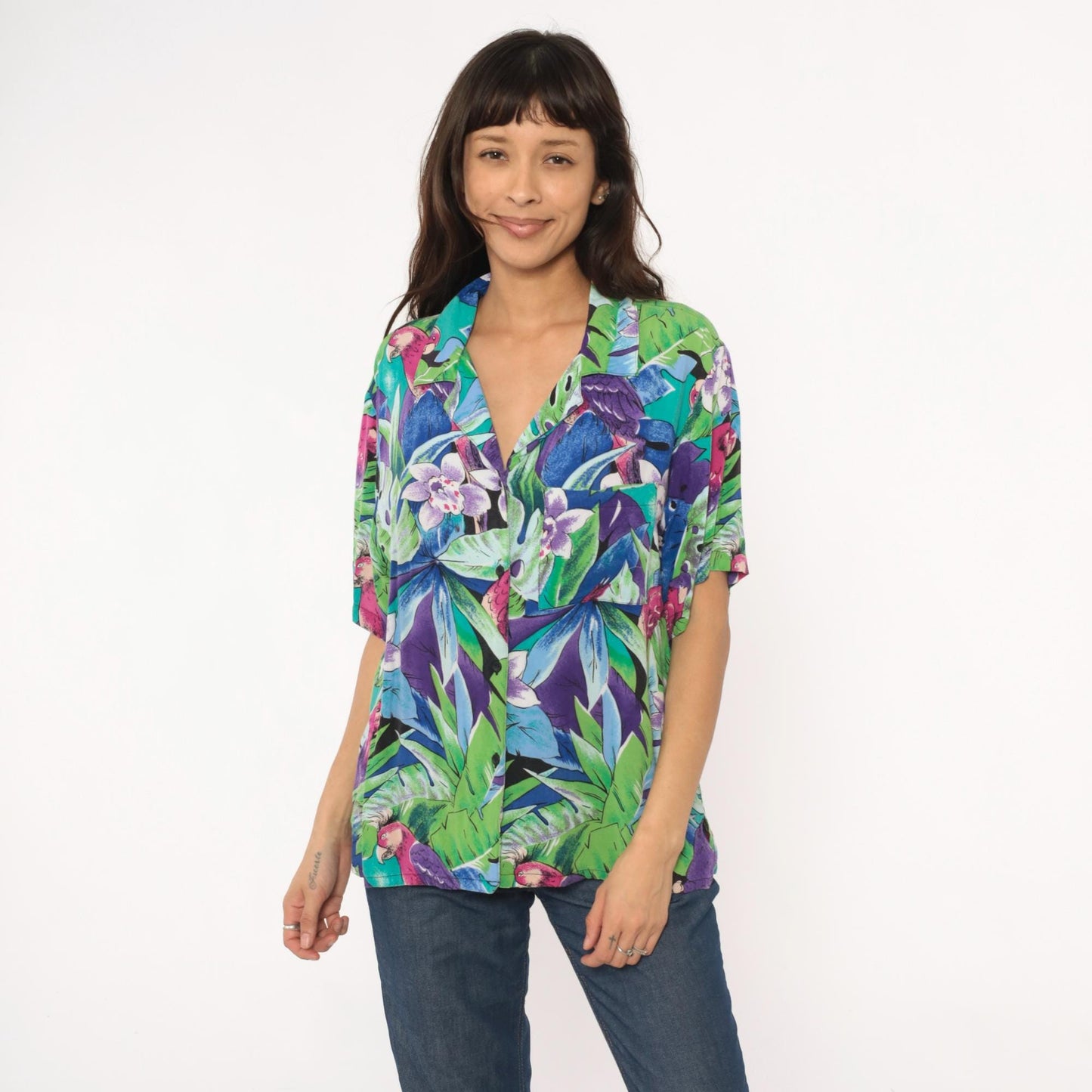 90s Spare Change California Tropical Parrot Rayon Shirt Turquoise Medium