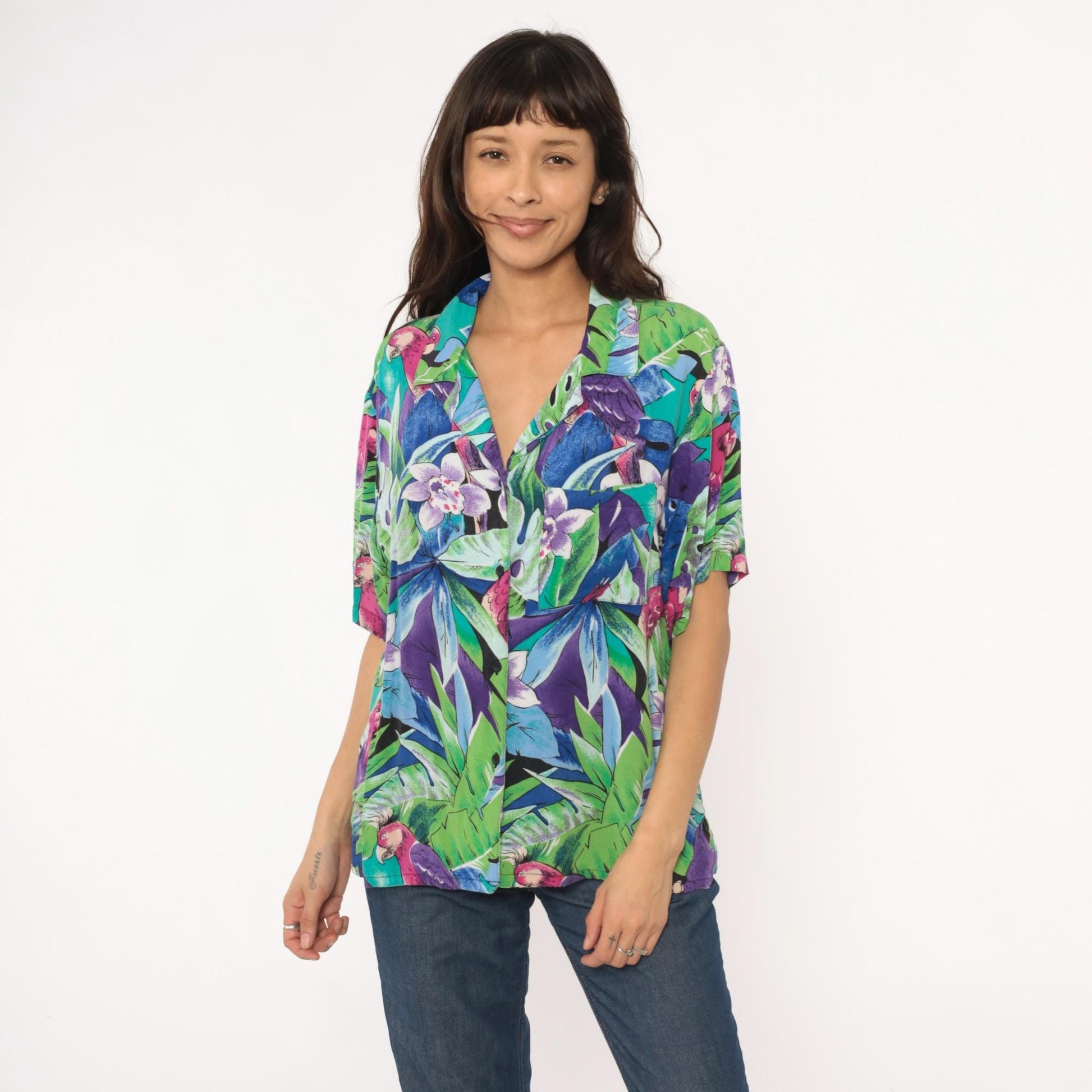 90s Spare Change California Tropical Parrot Rayon Shirt Turquoise Medium