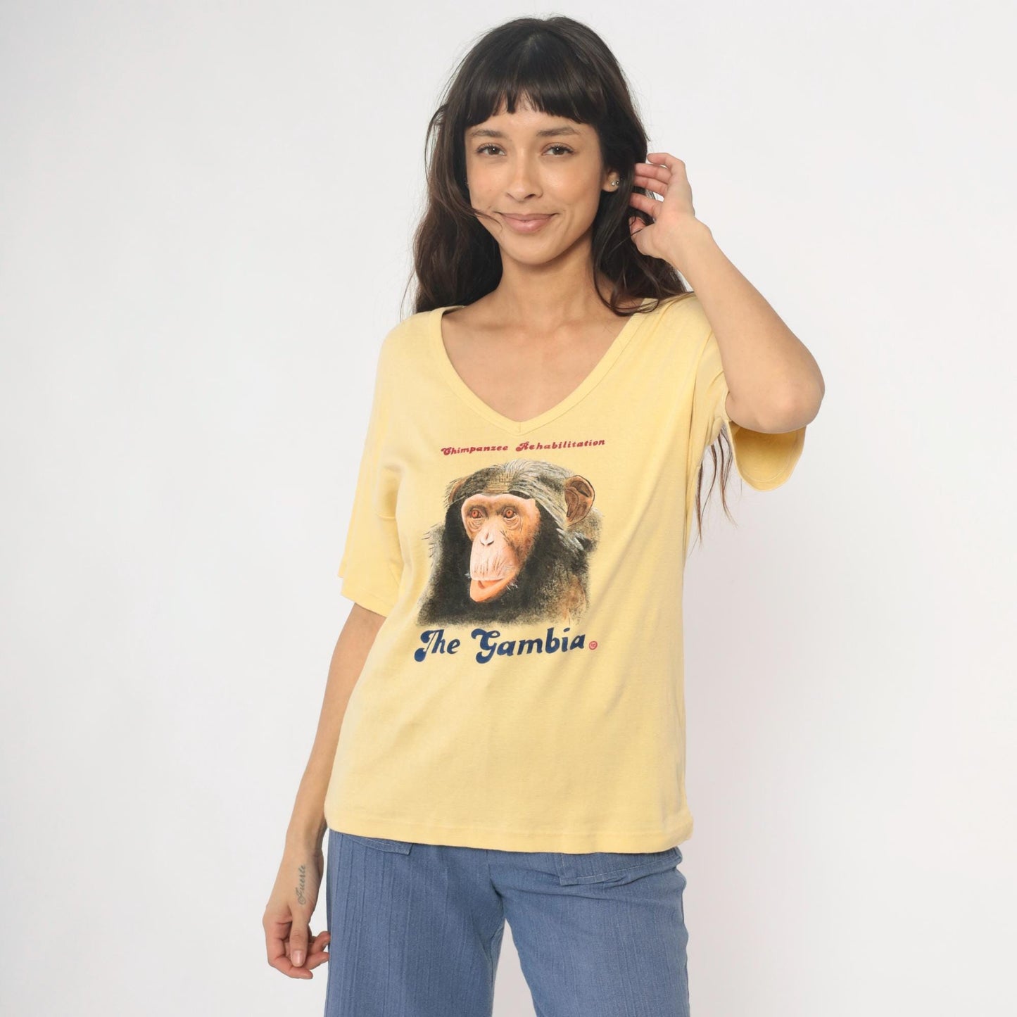 80s Chimpanzee Rehabilitation The Gambia Yellow Cotton V-Neck Tee Large L