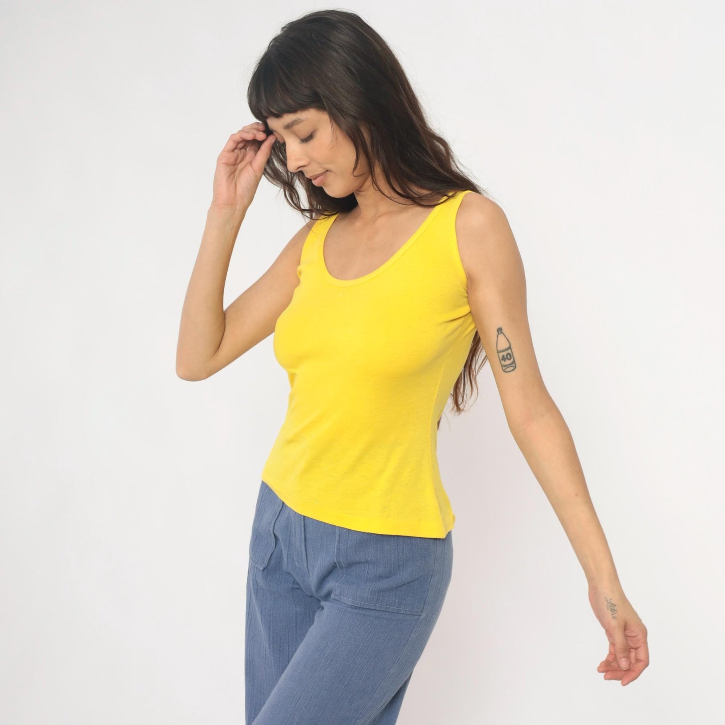80s Yellow Scoop Neck Tank Top Fitted Cotton Blend Medium M