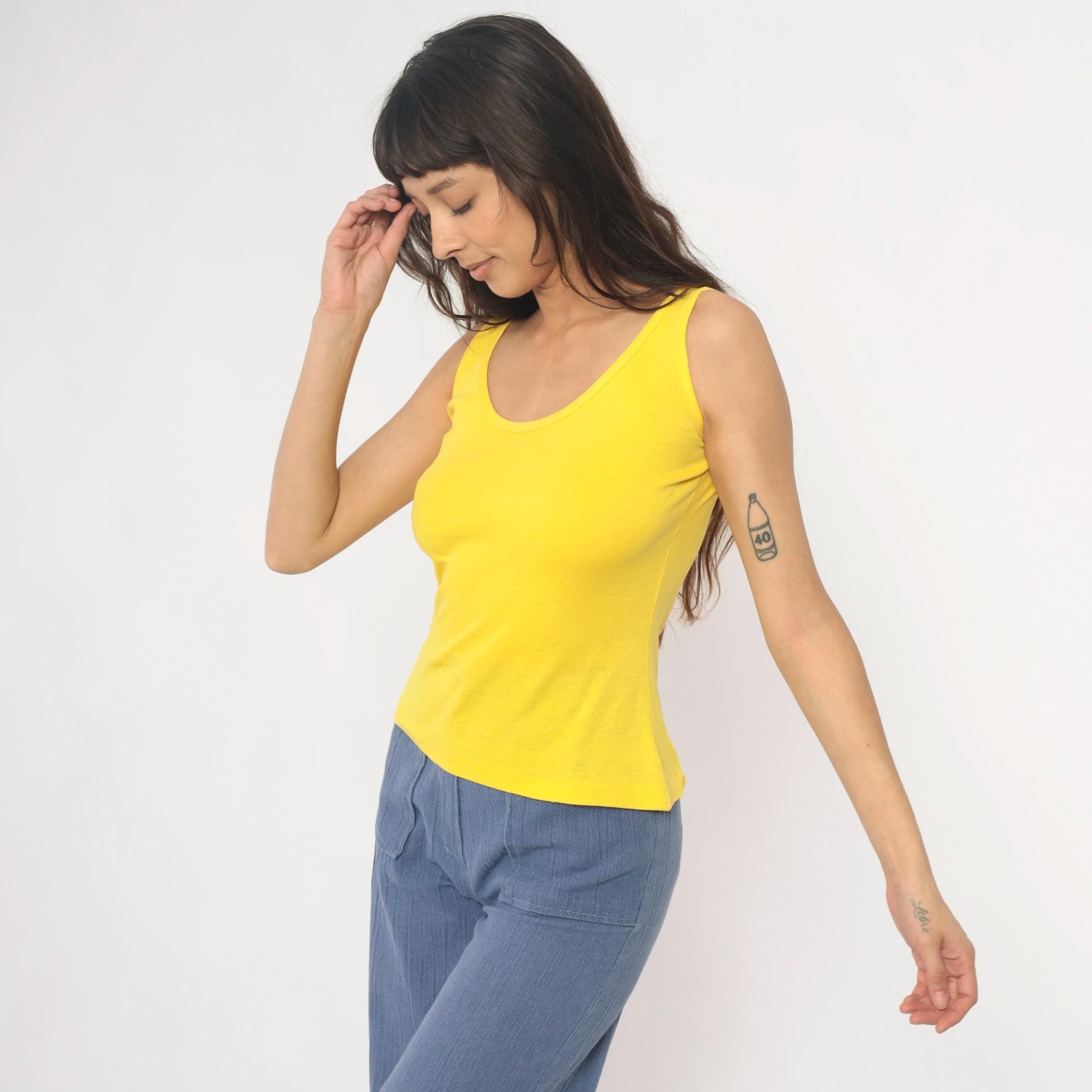 80s Yellow Scoop Neck Tank Top Fitted Cotton Blend Medium M