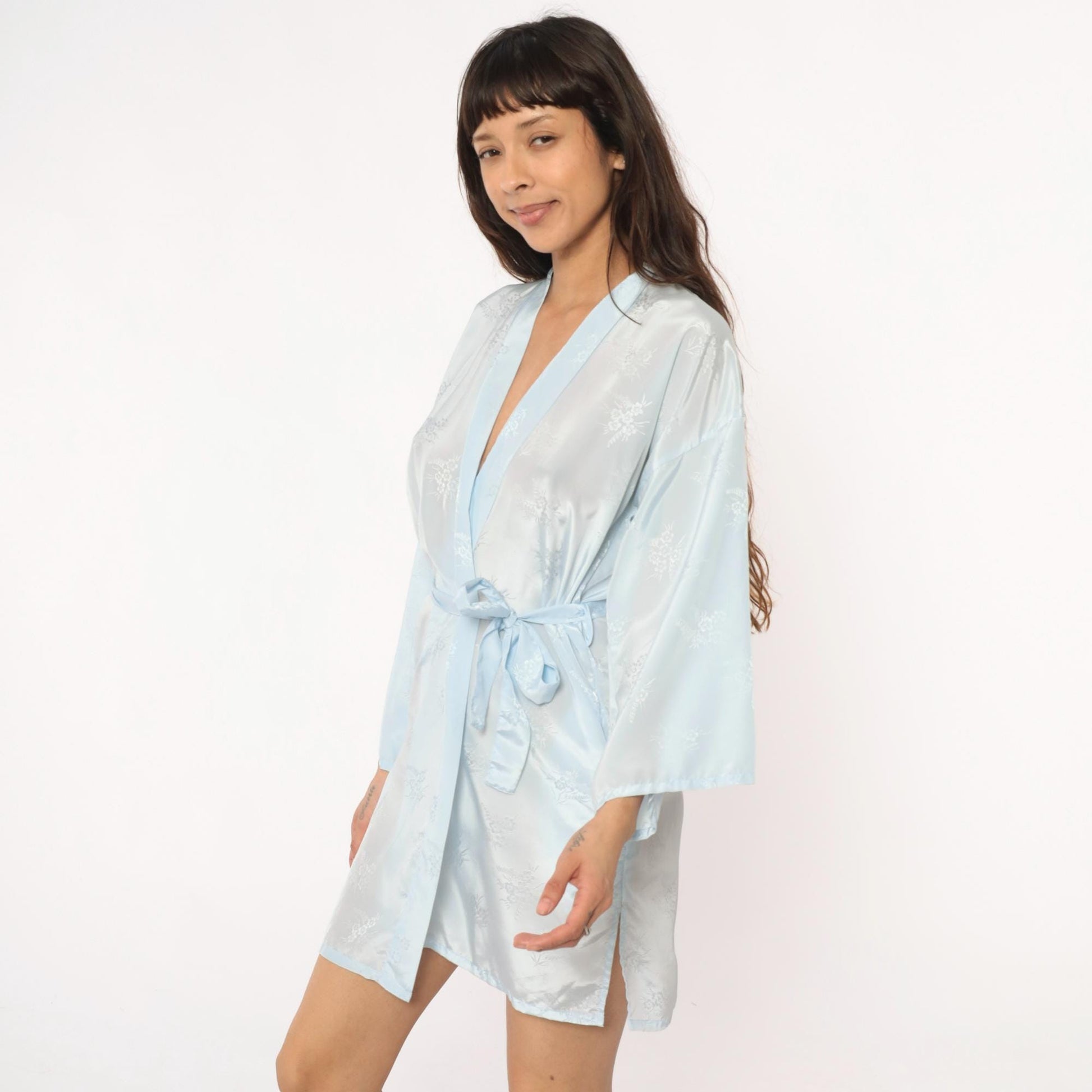 80s Pale Blue Kimono Robe Floral Print Wrap Shawl Collar Medium