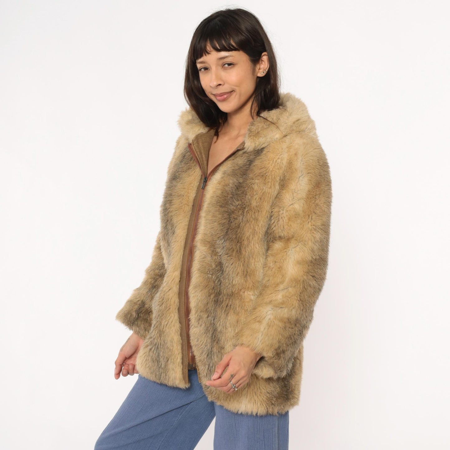 70s Beekman Place Faux Fur Hooded Coat Beige Brown Vinyl Trim Medium