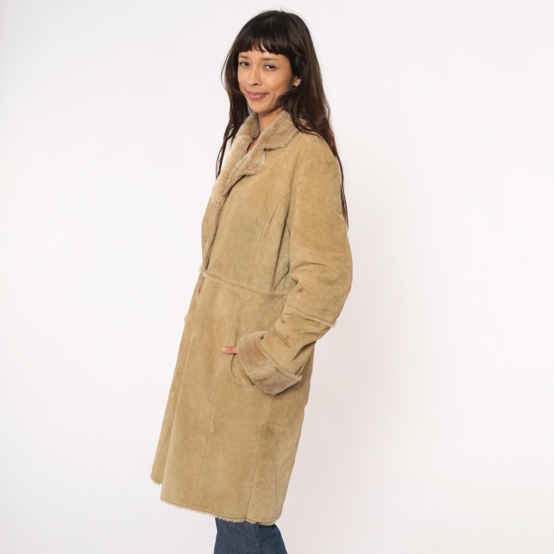 Y2K Brandon Thomas Leather Shearling Coat Tan Knee-Length Large L