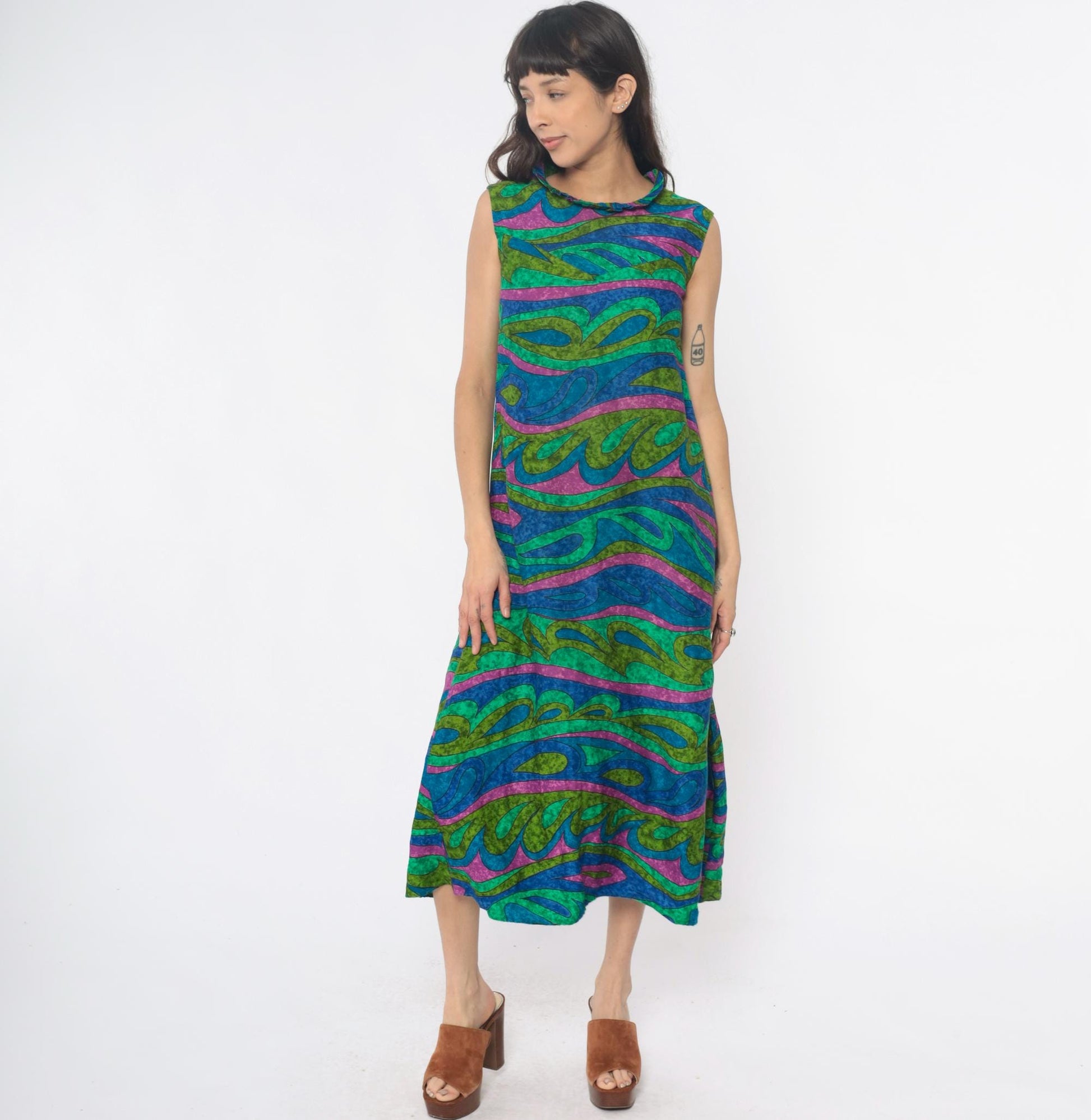 70s Psychedelic Swirl Maxi Dress Blue Green Pink Wave Print Sleeveless Extra Small