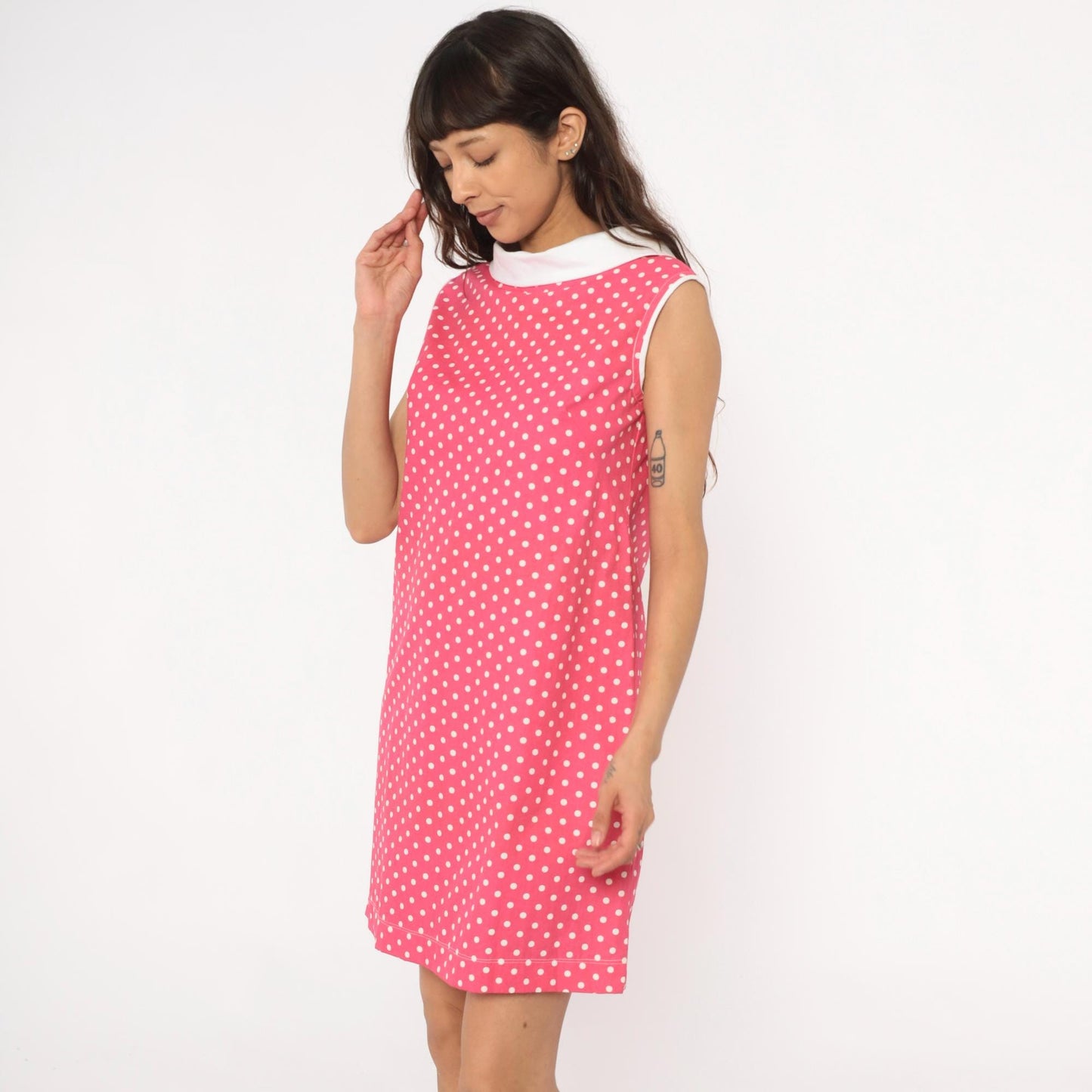 90s Pink Polka Dot Shift Dress White Peter Pan Collar Small