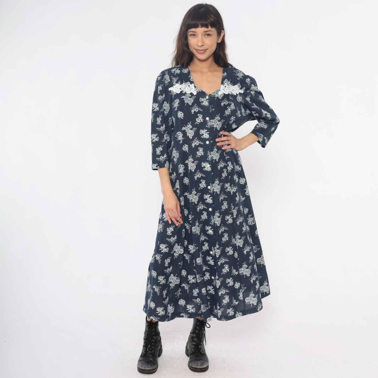 90s Navy Floral Maxi Dress Lace Collar Button Front Three Quarter Sleeve Extra Large XXL